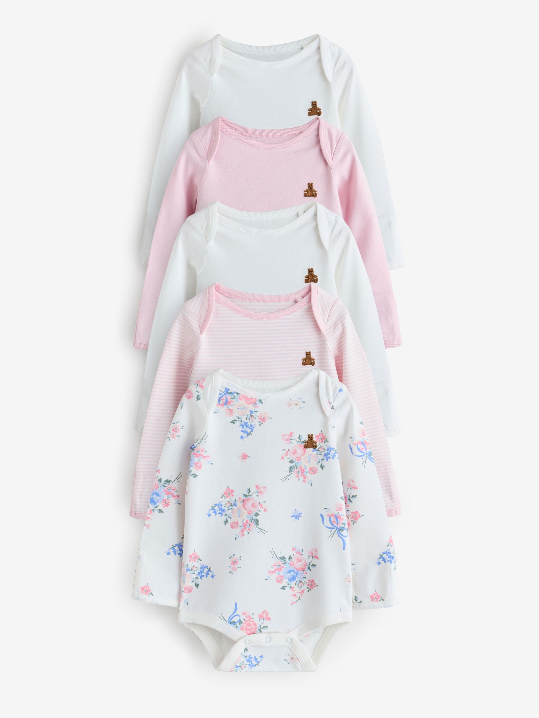 Pink Floral and Stripe - 5 Pack Brannan Bear Long Sleeve Baby Bodysuit