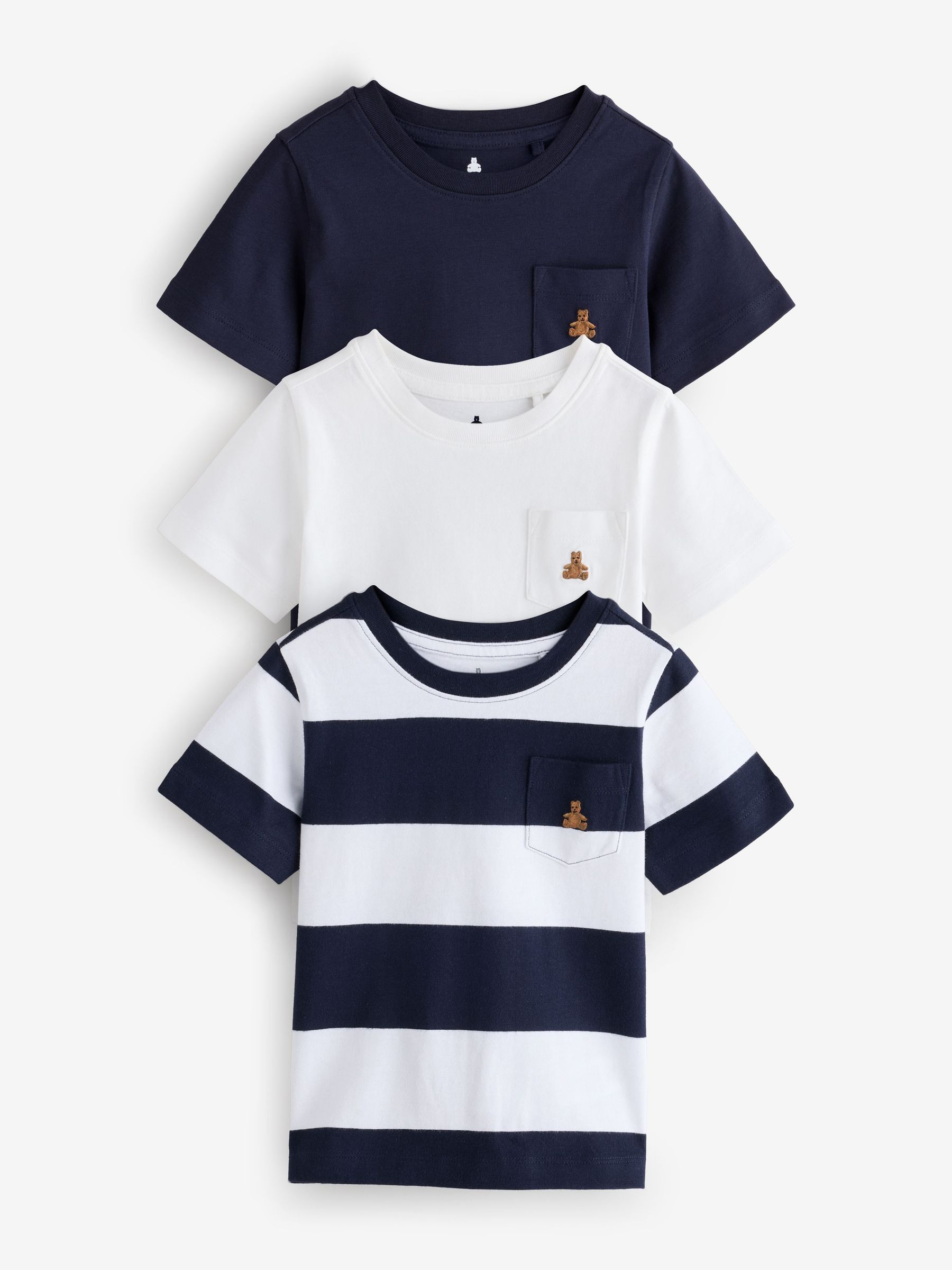 Navy Blue & White - 3 Pack Short Sleeve Brannan Bear Embroidered T-shirts (6 Mths 5yrs)
