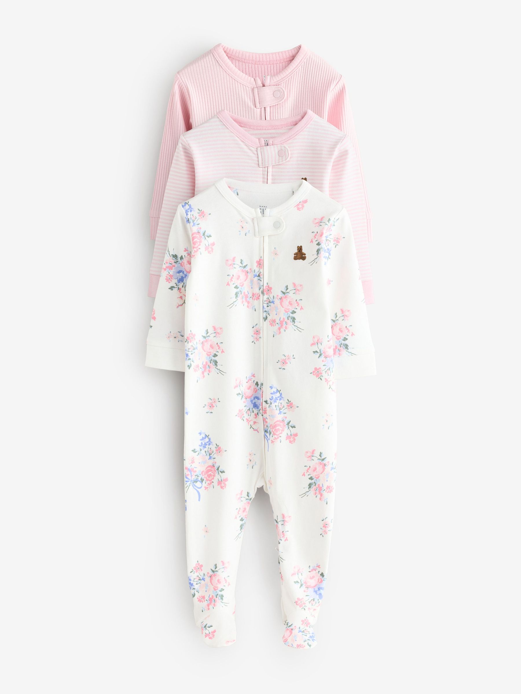 Pink Floral and Stripe - 3 Pack Baby Sleepsuit