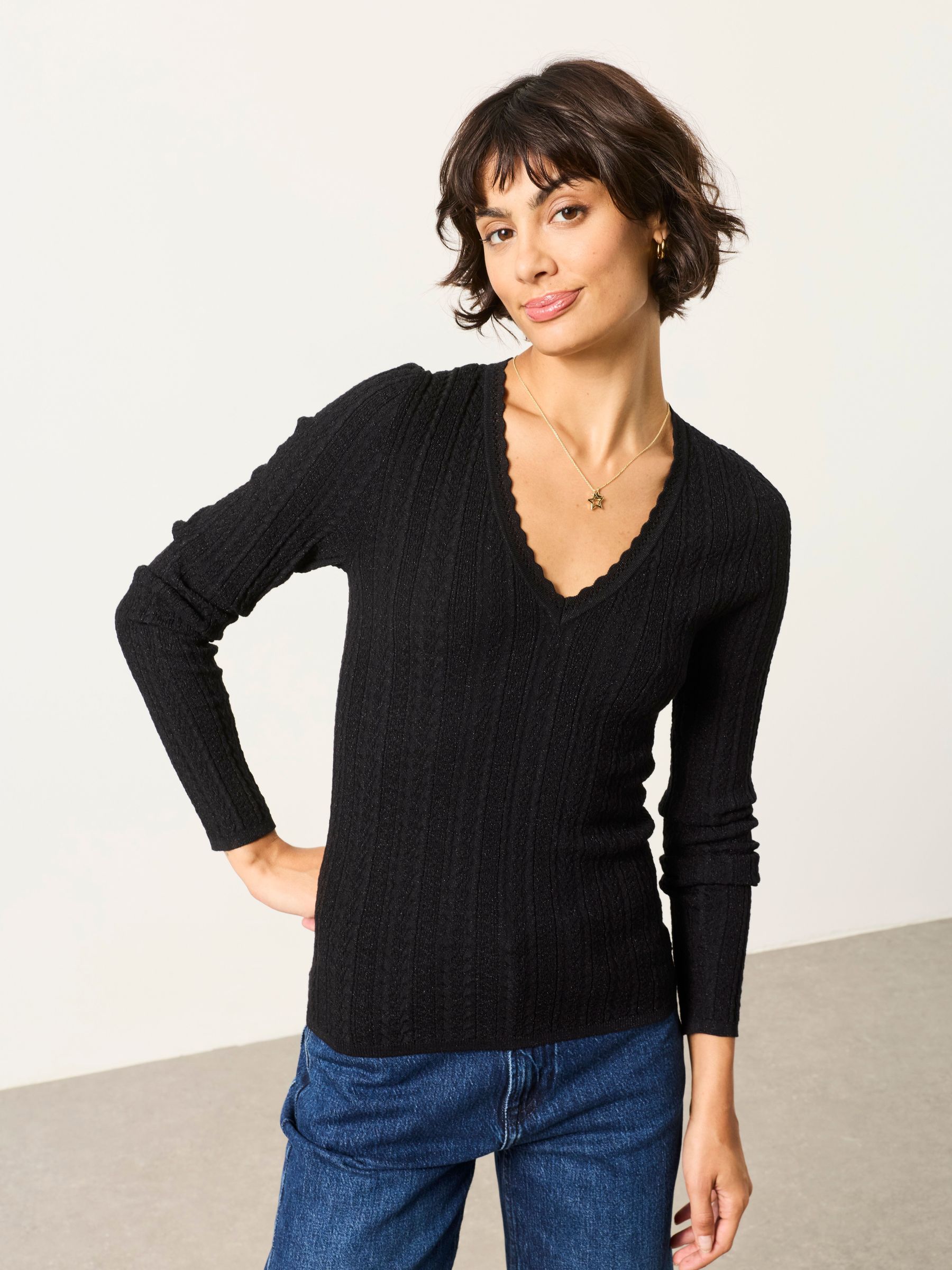 Black - Knitted Sparkle Vee Top