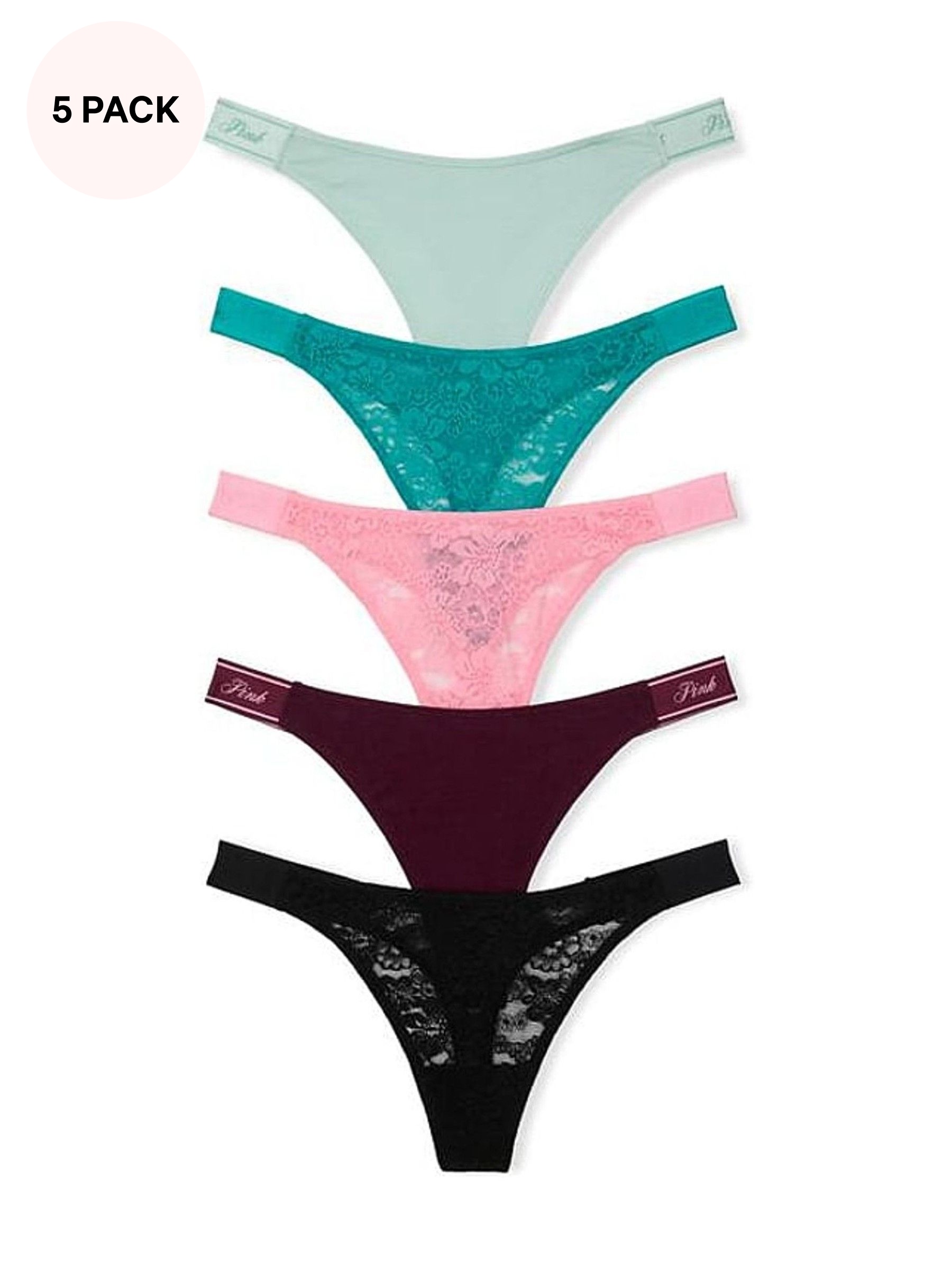 Green/Blue/Pink/Black - Thong 5 Pack Lacie Logo Knickers
