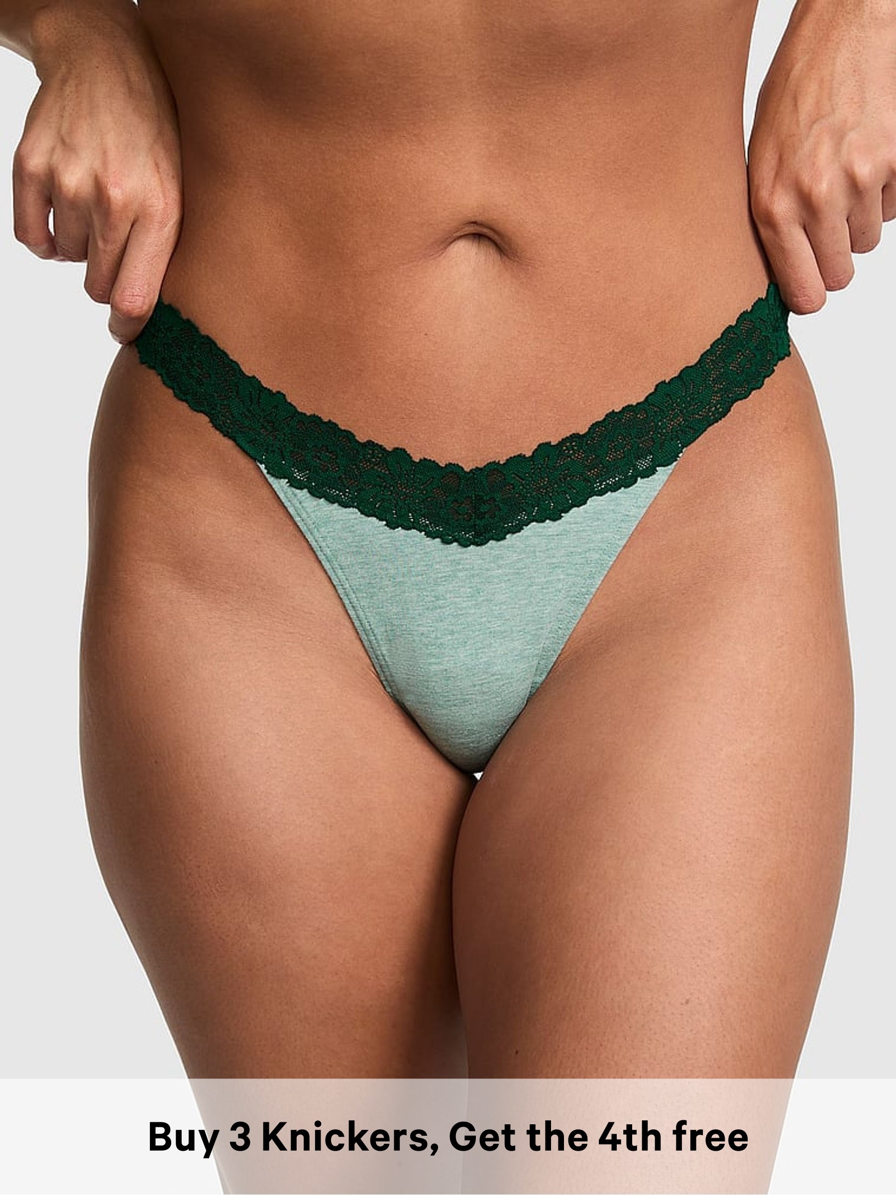 Soft Sage Green - Thong Cotton Heather Lace Trim Knickers