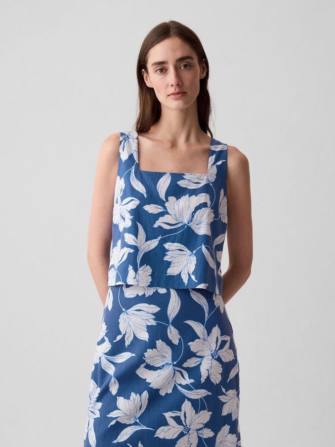 Blue Floral Linen Blend Button Back Cropped Vest Top (H10572) | £13
