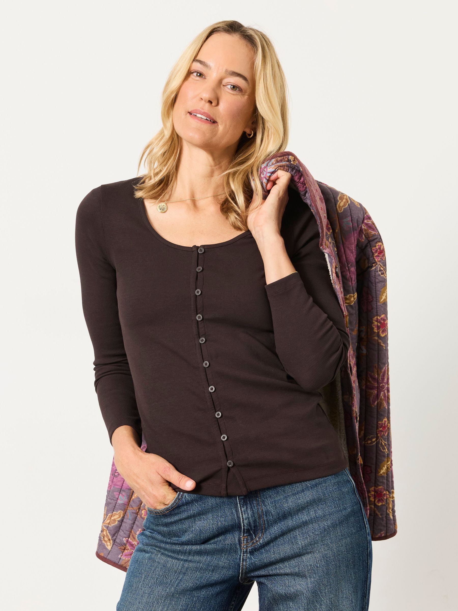 Chocolate Brown - Button Ribbed Long Sleeve Top