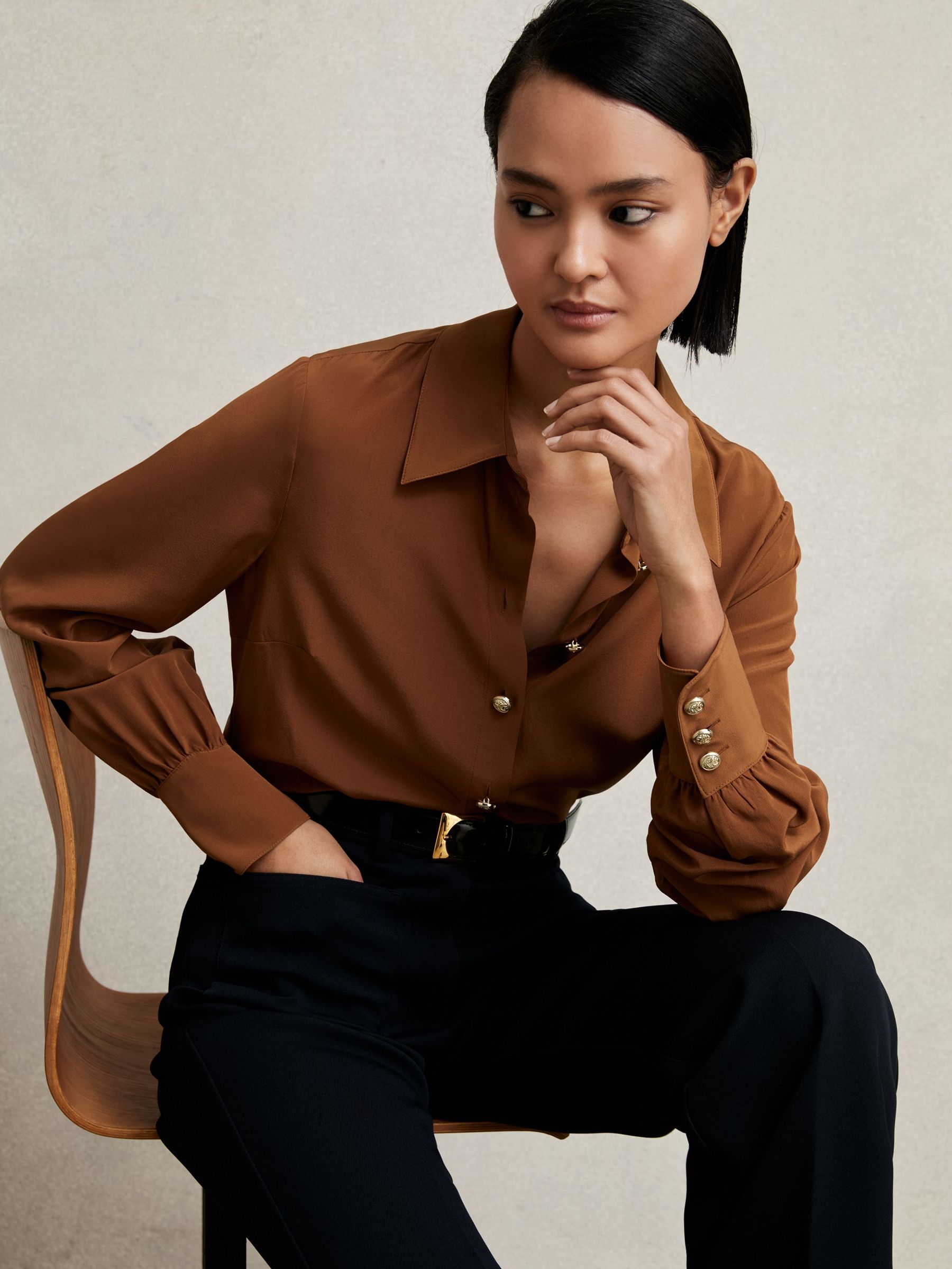 Silk Embossed-Button Shirt in Tan Brown (H11903) | £218
