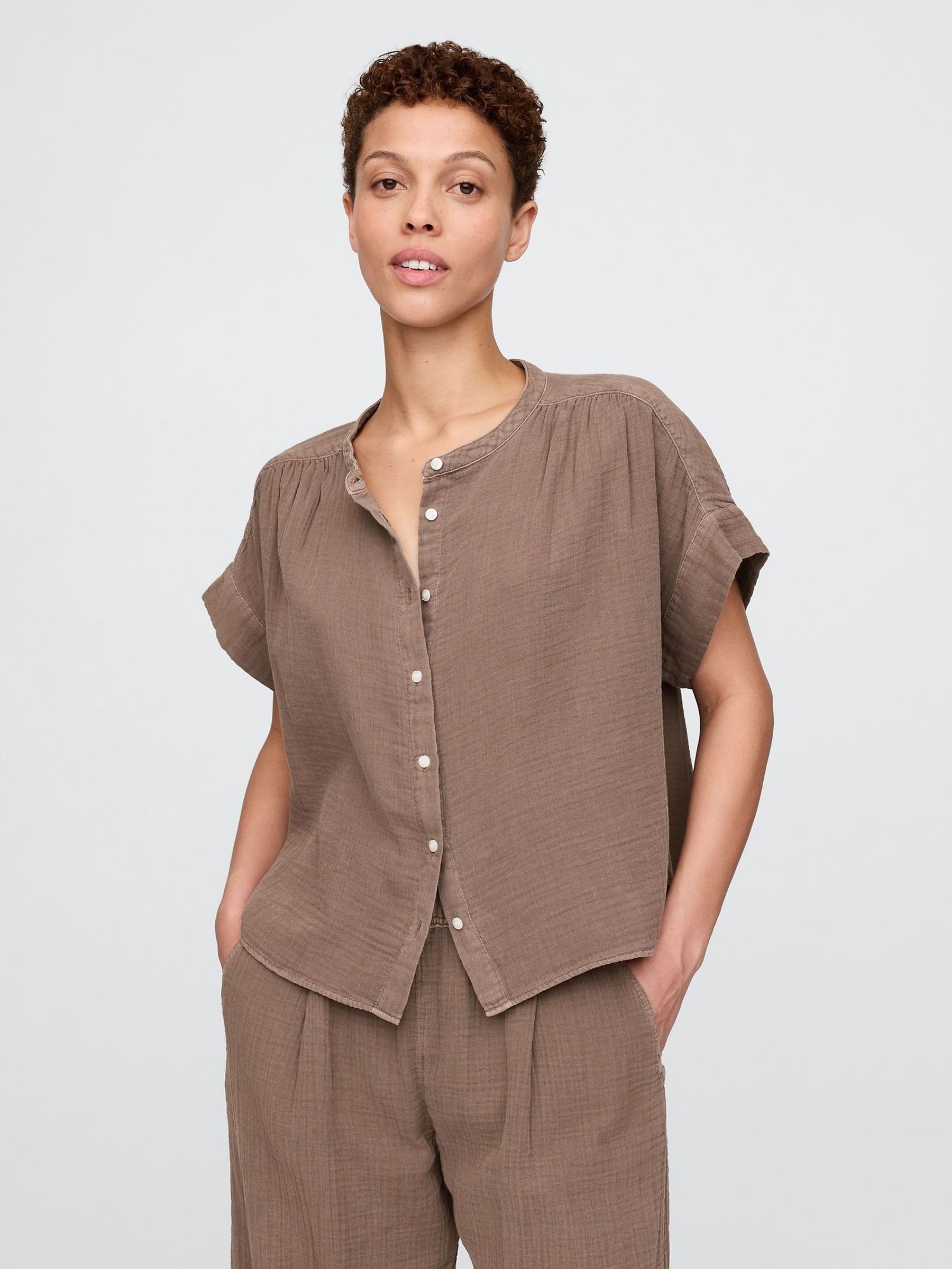 Brown 100% Cotton Crinkle Gauze Dolman Short Sleeve Shirt (H11931) | £35