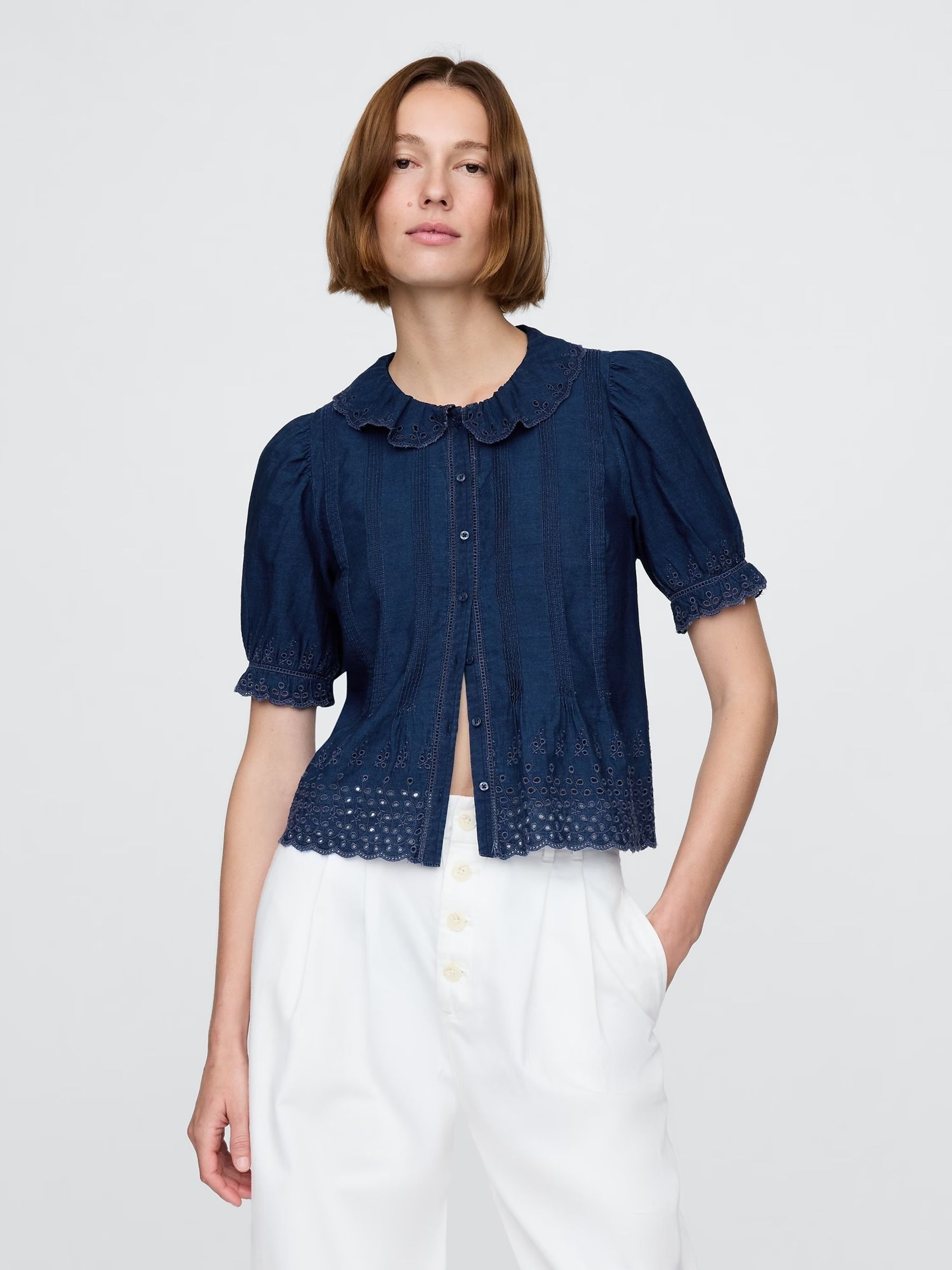 Navy DÔEN Eyelet Short Sleeve Shirt (H11935) | £85