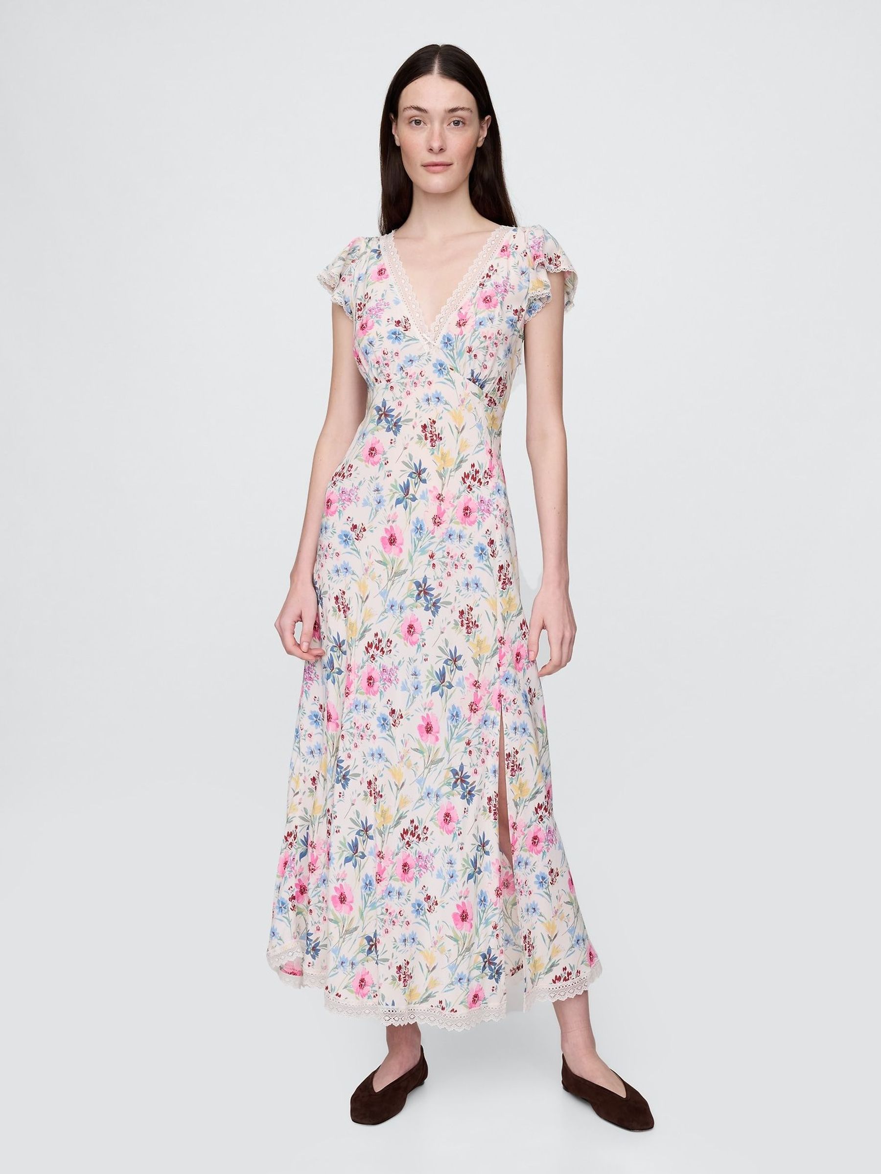 White Floral Crepe Lace-Trim V-Neck Maxi Dress (H11939) | £95