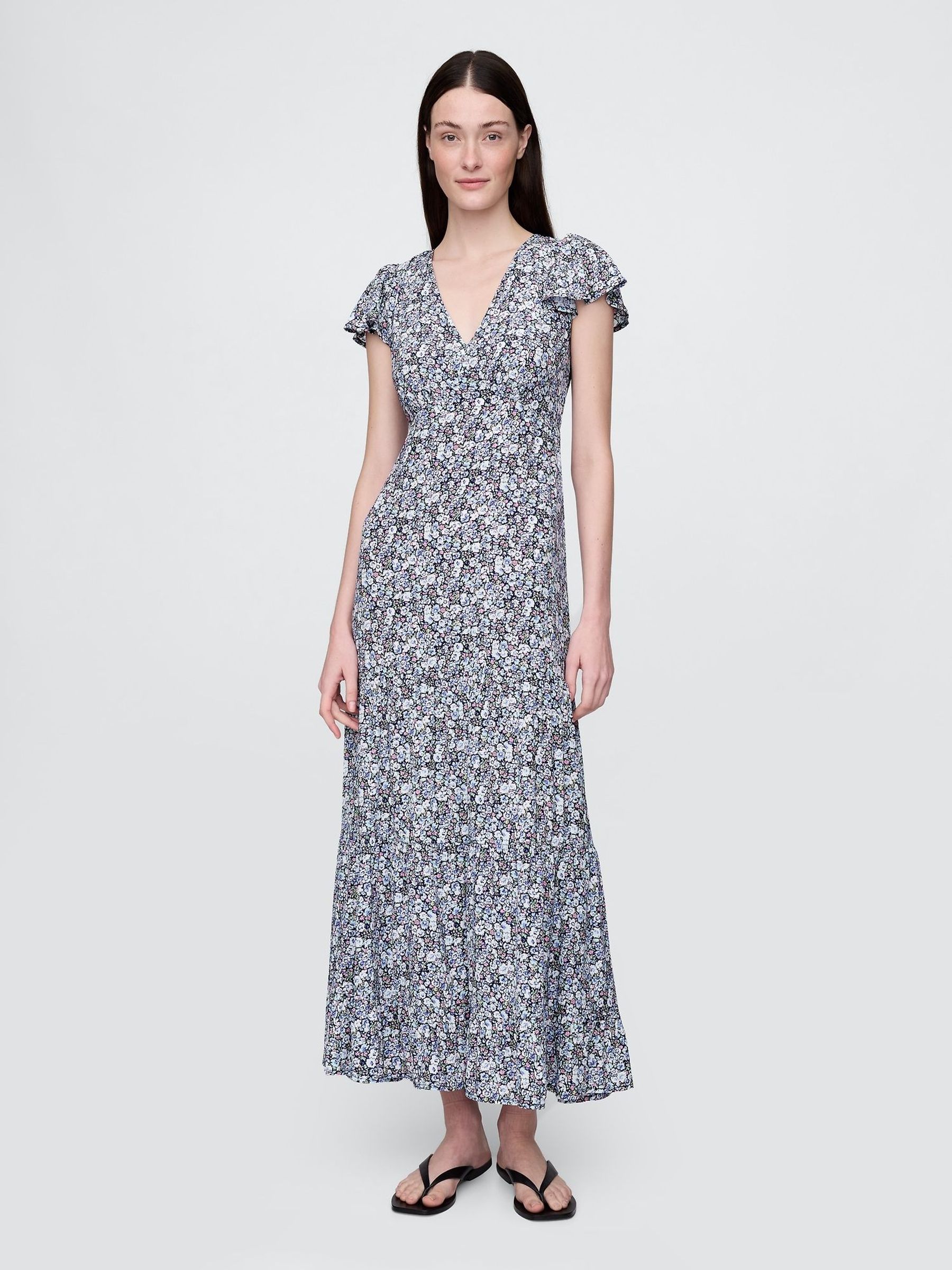 Blue Floral Crepe Lace-Trim V-Neck Maxi Dress (H11940) | £105