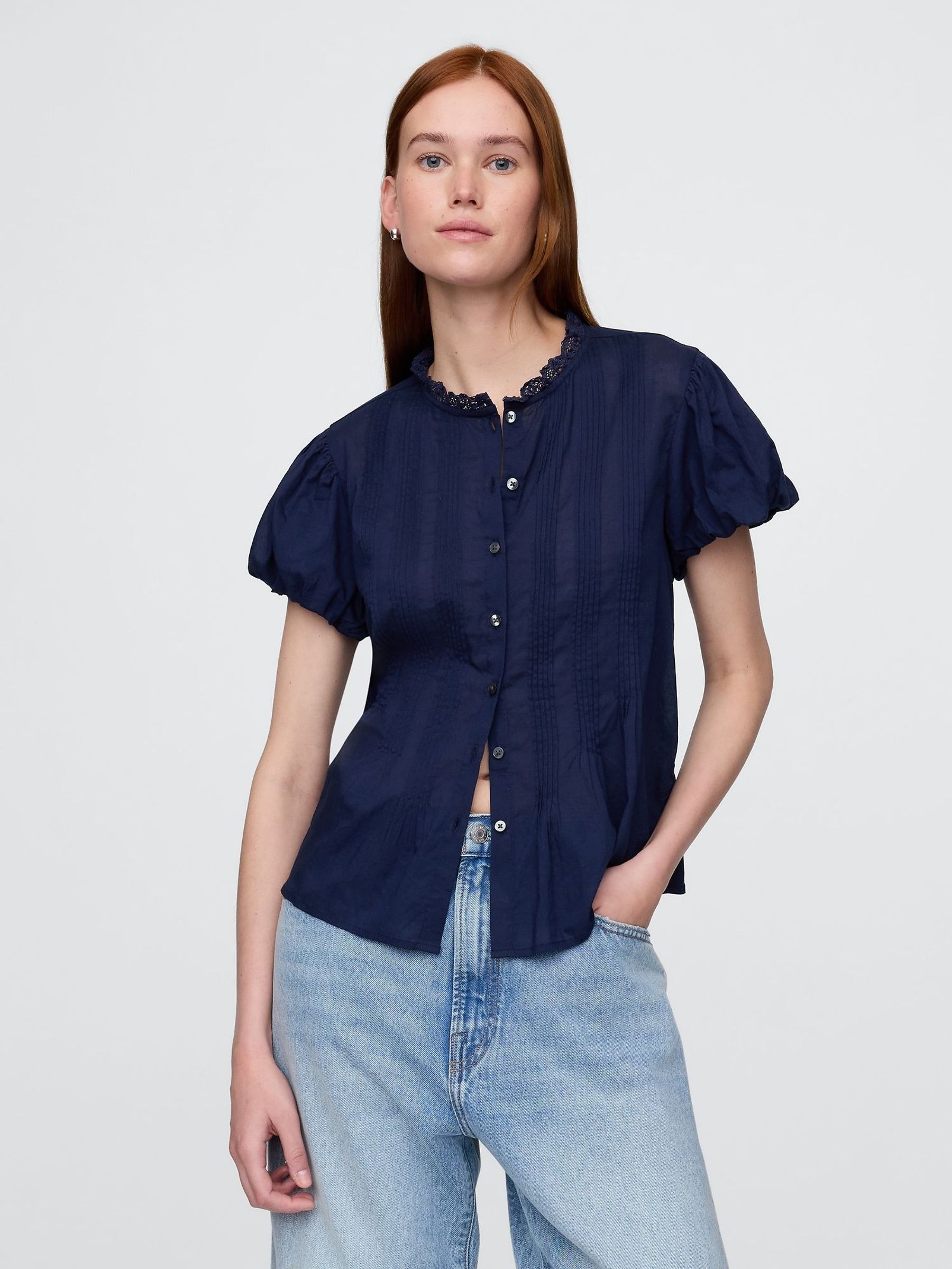 Navy Blue Bubble-Sleeve Pintuck Top (H11944) | £65