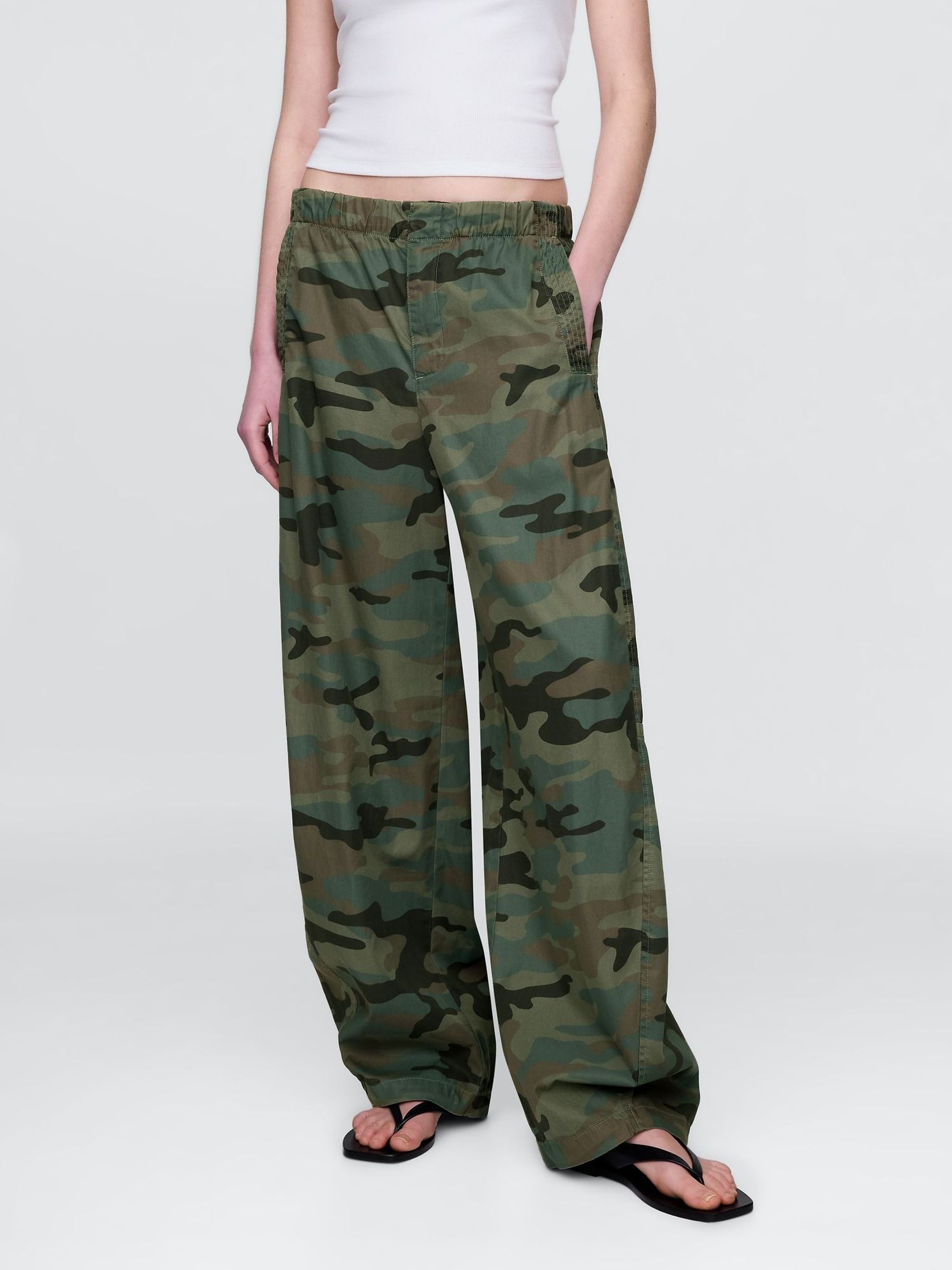 Green Camo Low Waisted Barrel Parachute Trousers (H11946) | £75