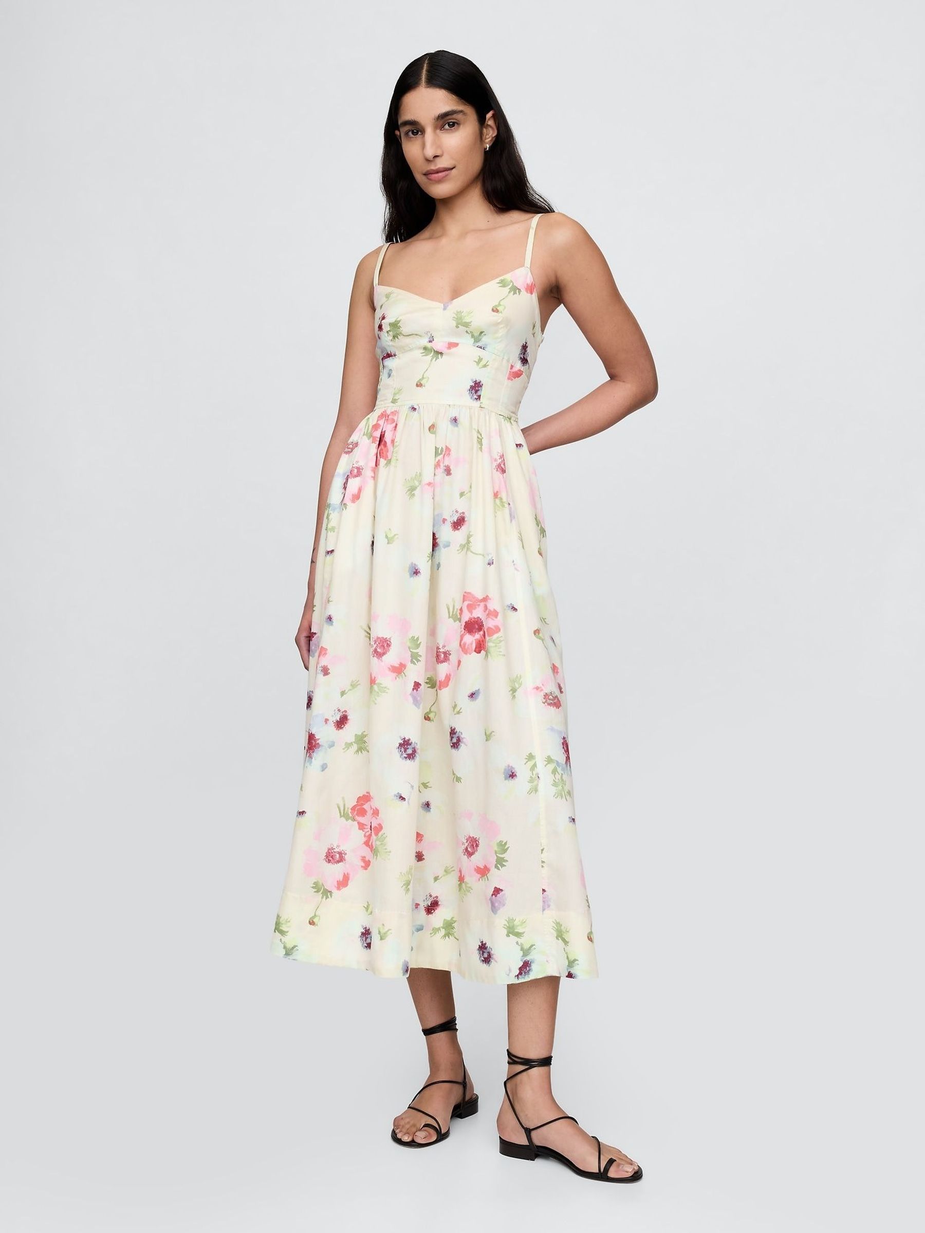 Cream Floral Corset Midi Dress (H11949) | £105