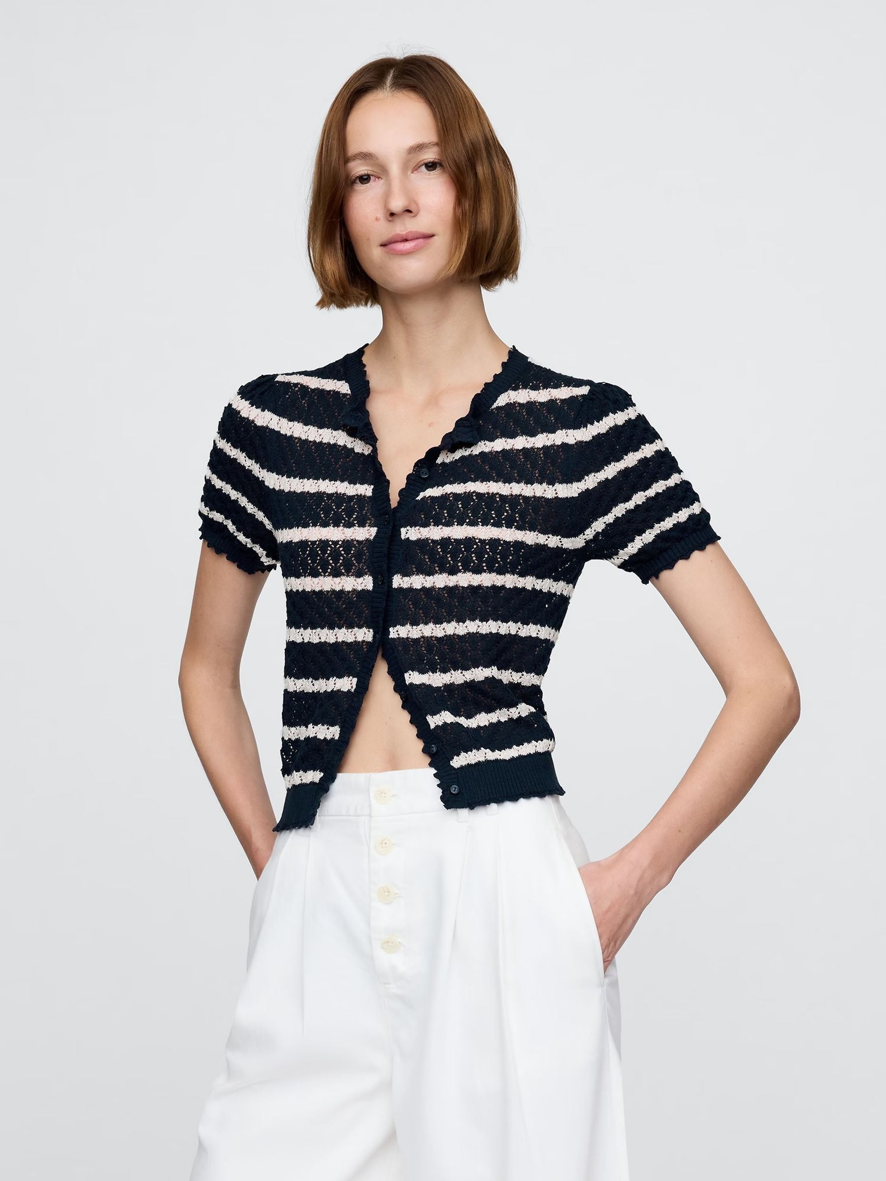 Navy/White Stripe DÔEN Linen-Blend Short Sleeve Pointelle Cardigan (H11952) | £60