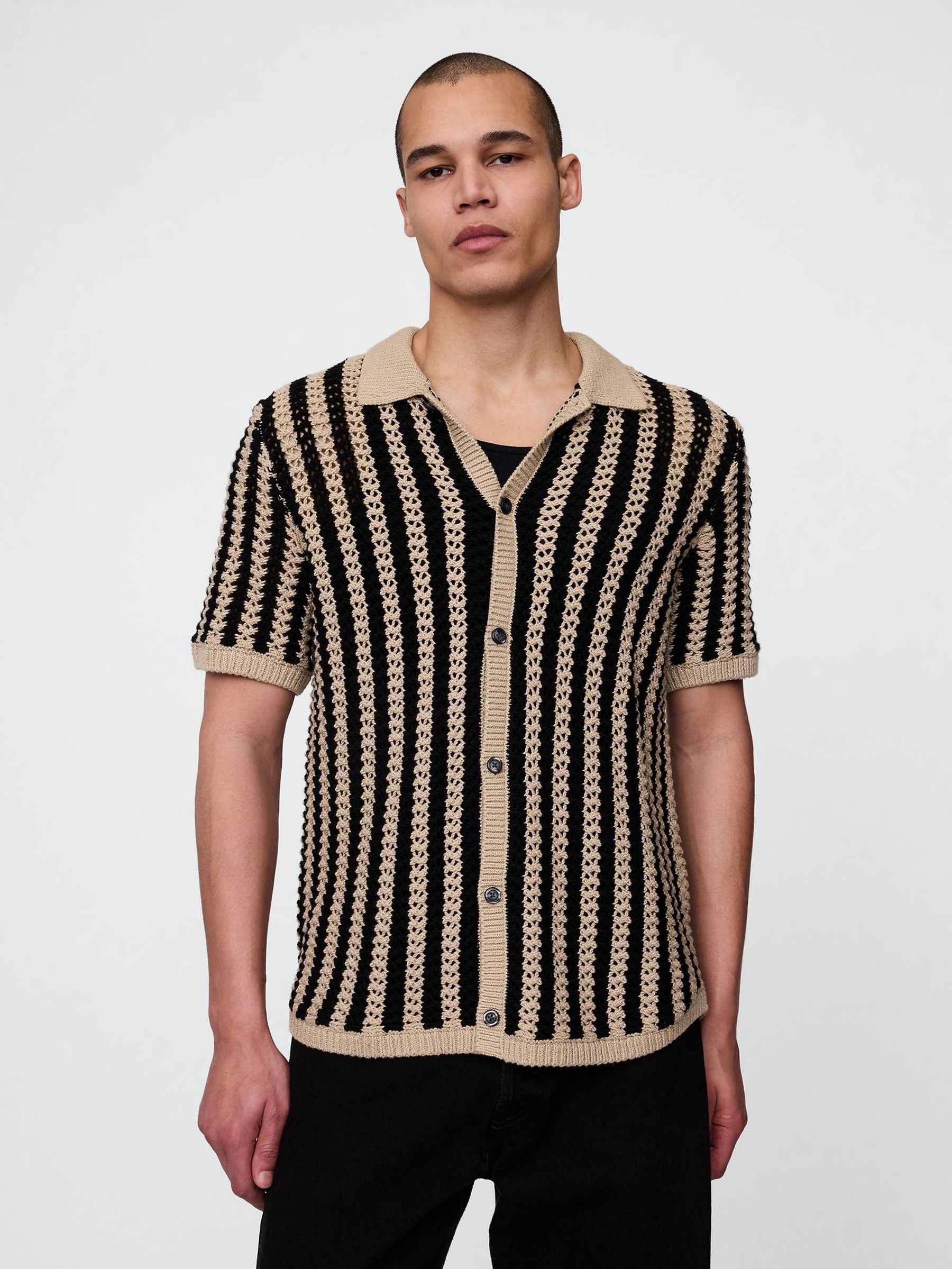 Beige Mesh Striped Knit Shirt (H11961) | £40