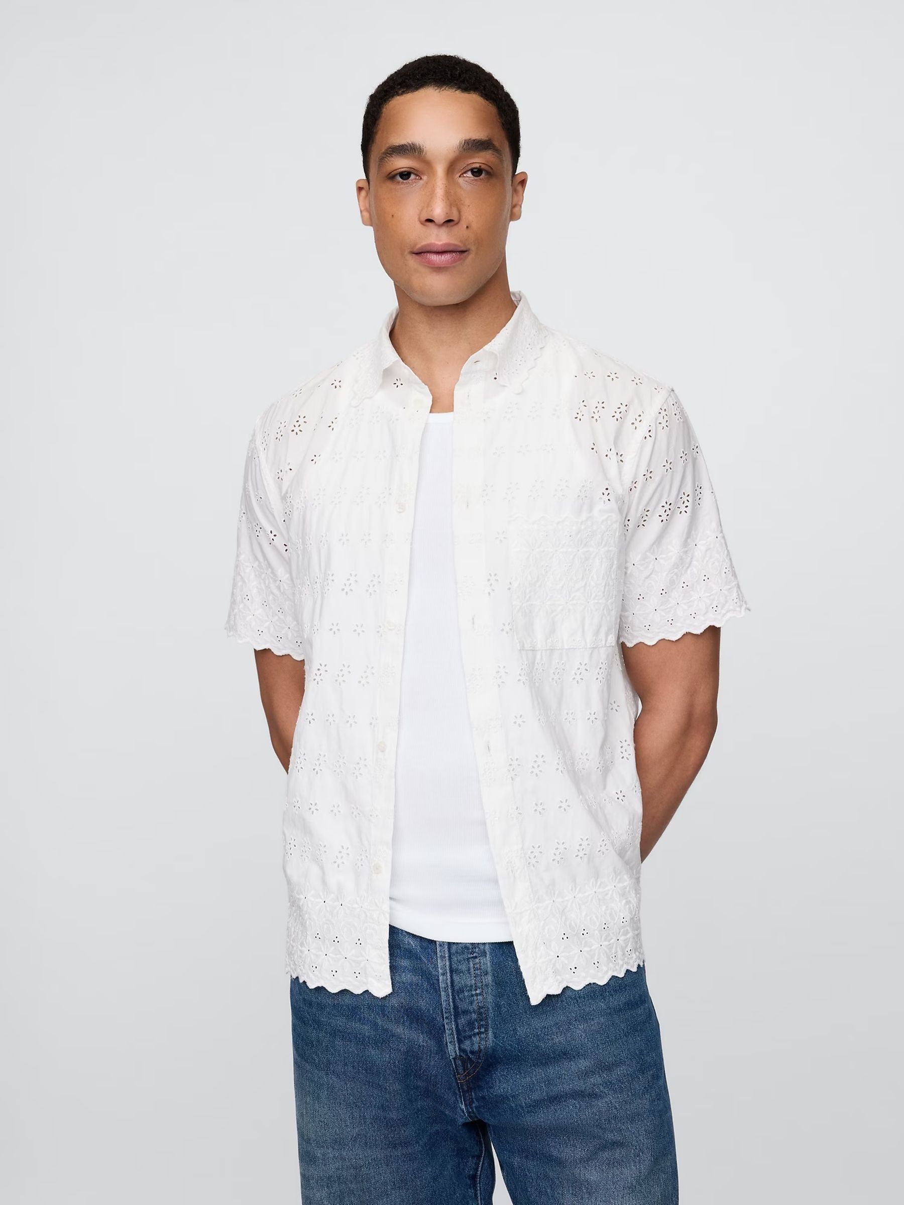 White DÔEN Eyelet Short Sleeve Shirt (H11962) | £70
