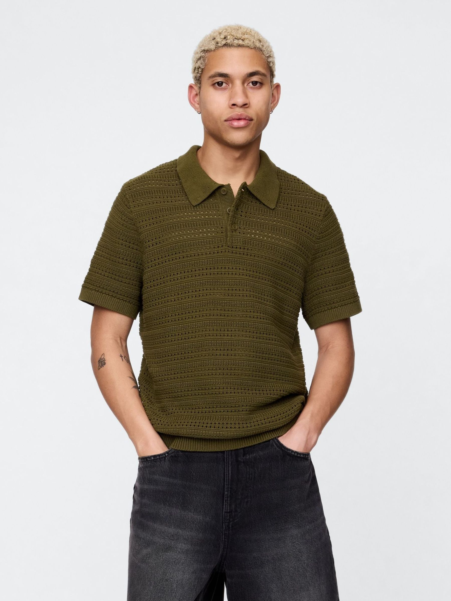 Khaki Green Cotton Knit Striped Polo Shirt (H11963) | £45