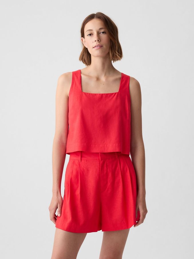 Red Linen Blend Button Back Cropped Vest Top (H11978) | £8