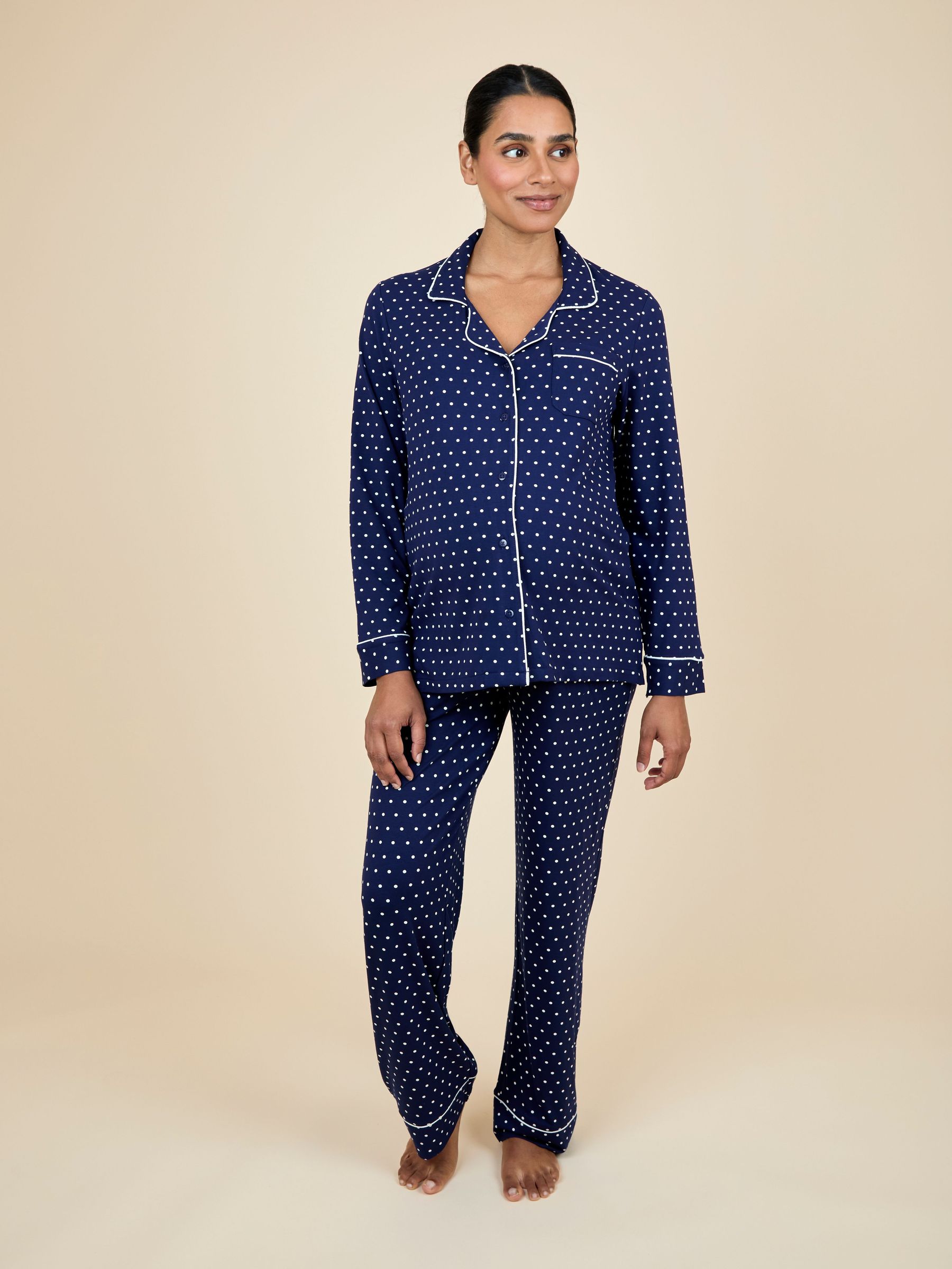 Navy Spot Maternity Button Through Pyjama Set (H13712) | £42
