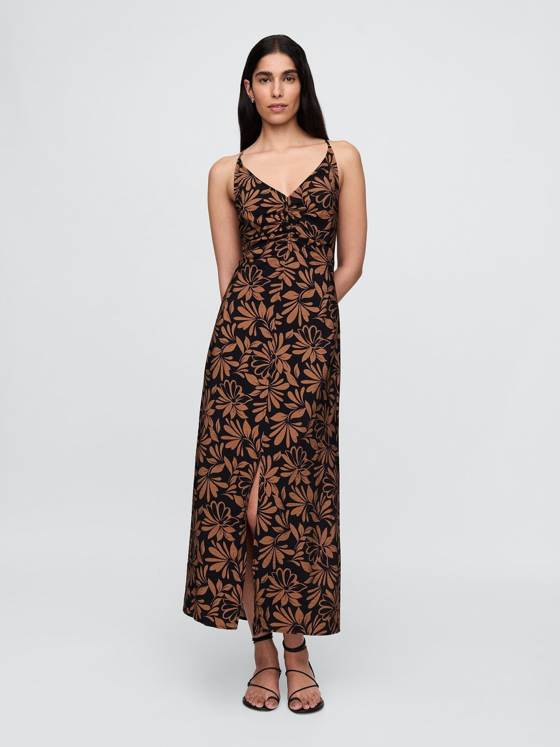 Black/Brown Floral Tie-Back Maxi Slip Dress (H13788) | £65