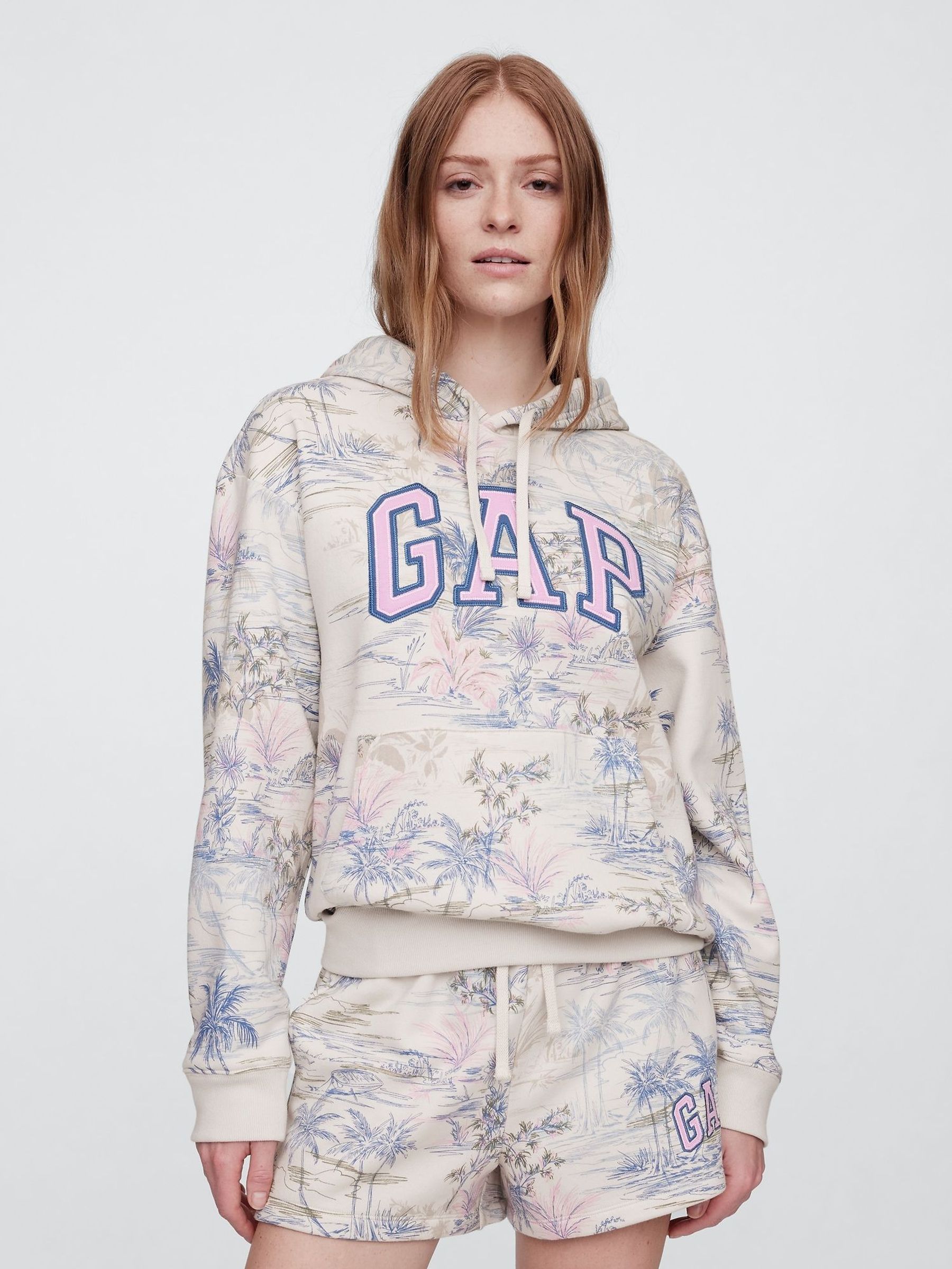 Beige Floral Pullover Relaxed Logo Hoodie (H13791) | £35