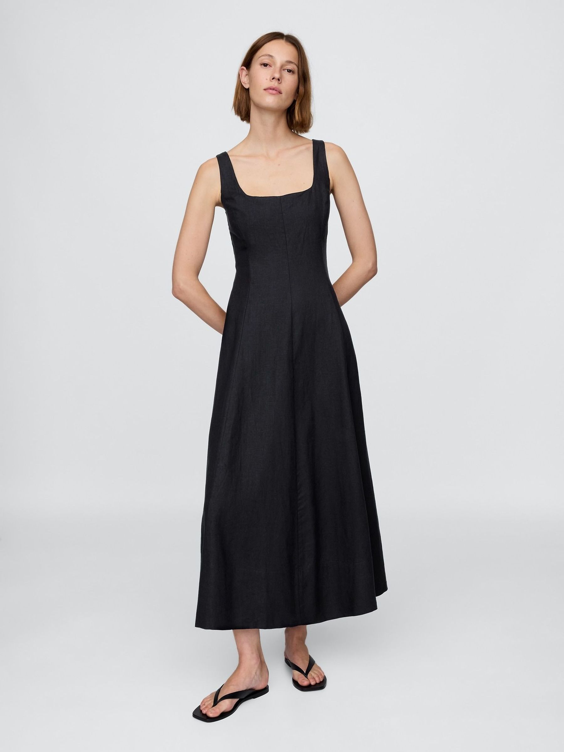 Black Linen-Blend Square-Neck Maxi Dress (H13797) | £105