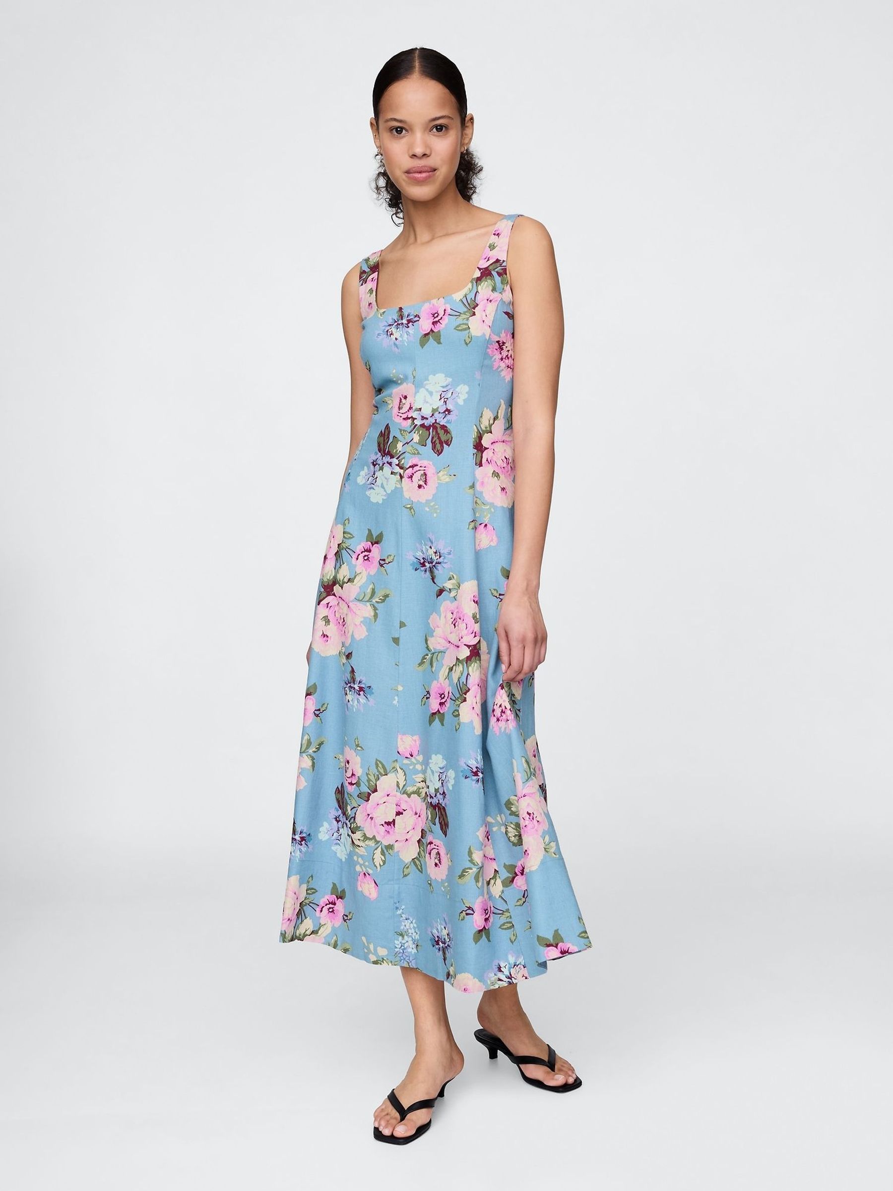 Blue Floral Linen-Blend Square-Neck Maxi Dress (H13802) | £105