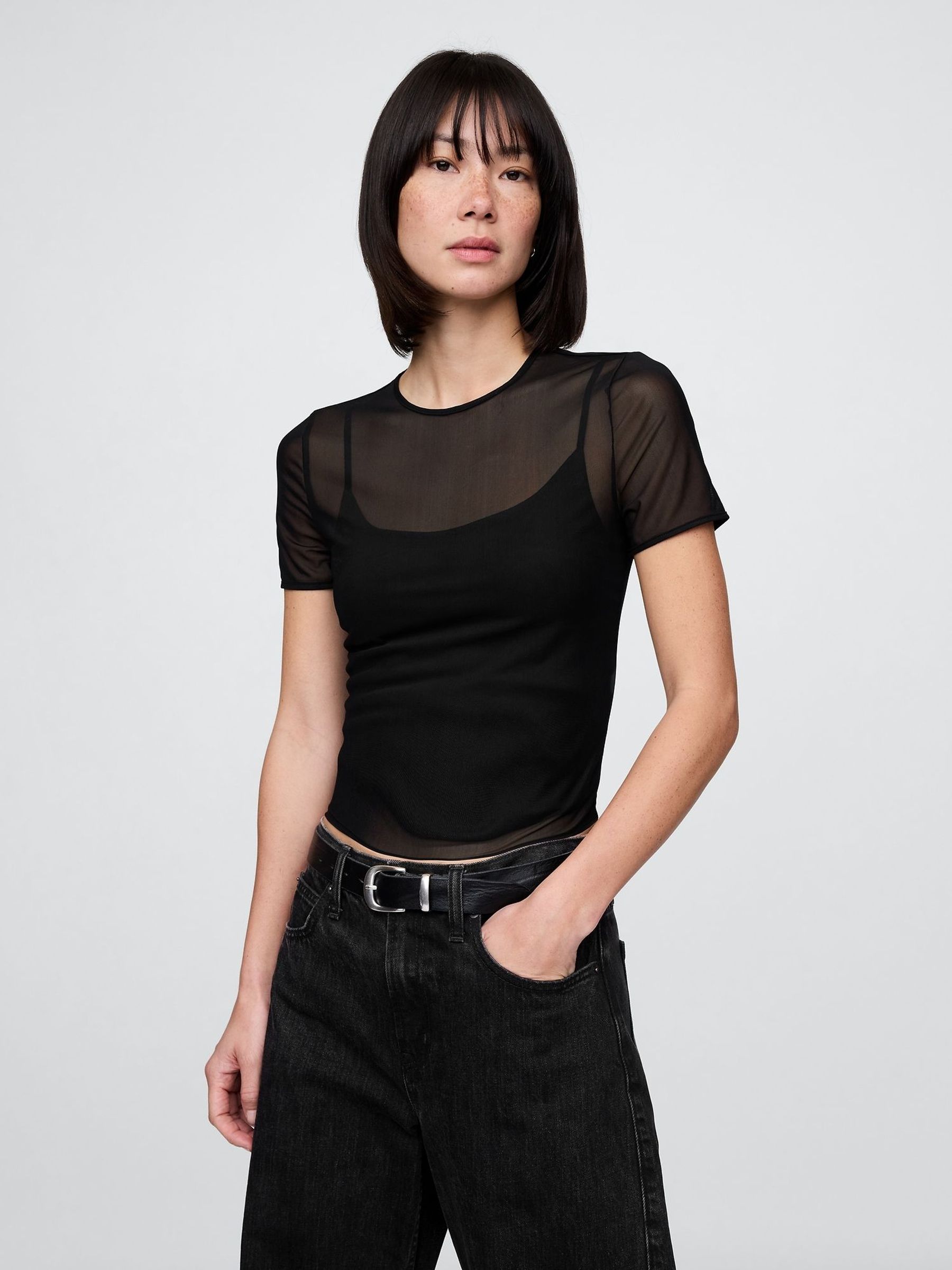 Black Soft Stretch Mesh Cropped T-Shirt (H13803) | £14