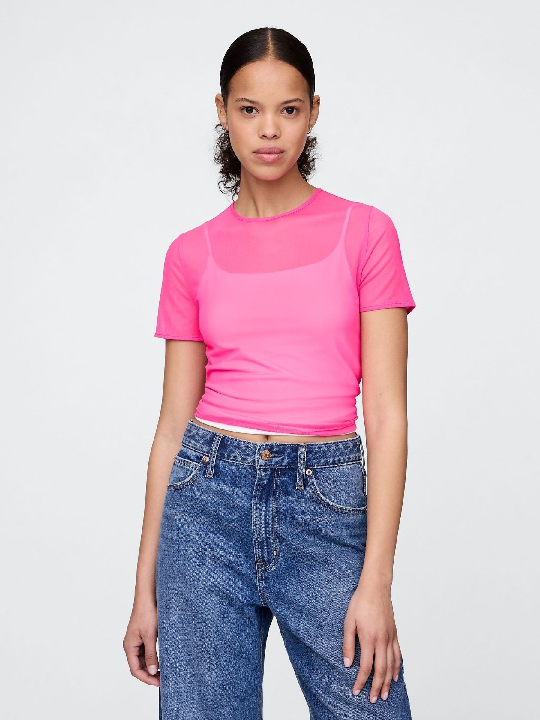 Pink Soft Stretch Mesh Cropped T-Shirt (H13804) | £14