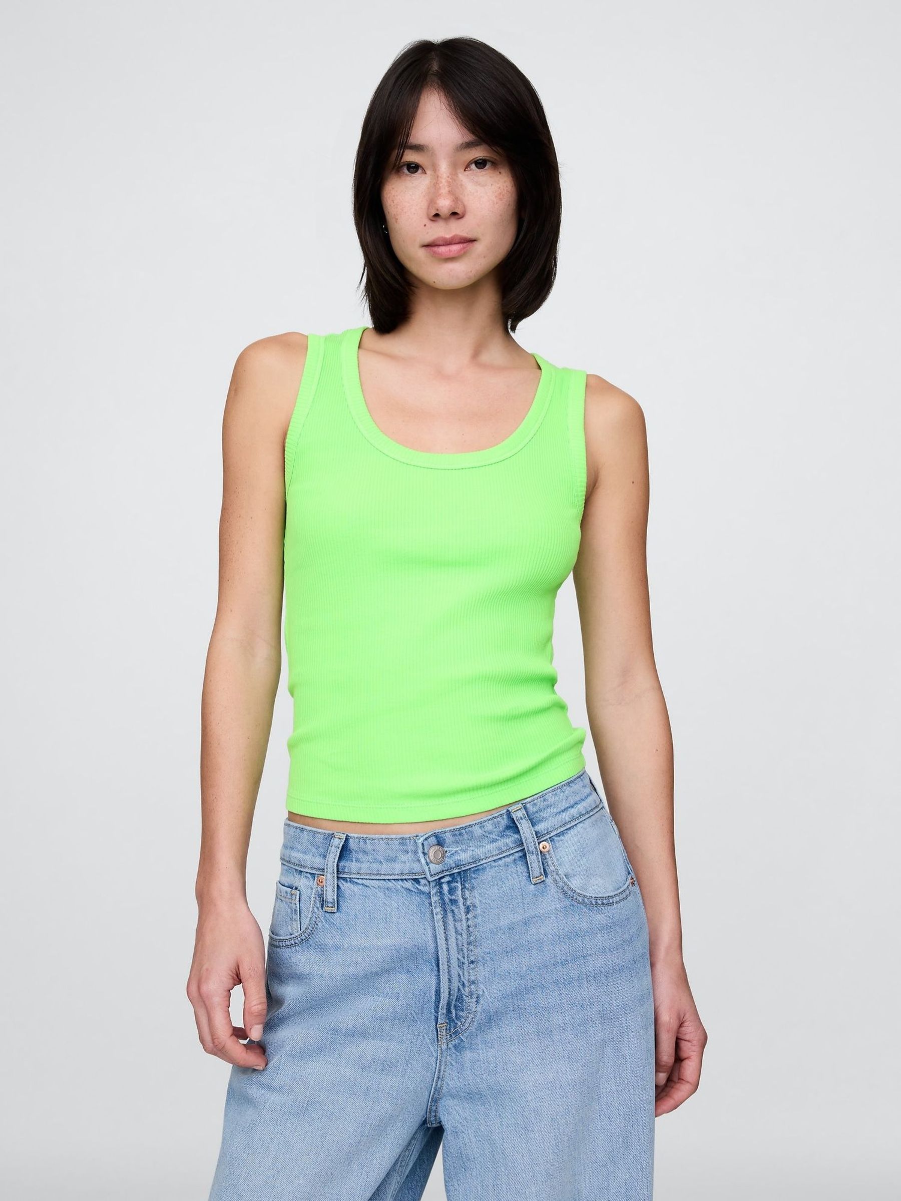 Green Neon Ribbed Knit Cotton Stretch Scoop Vest (H13807) | £16