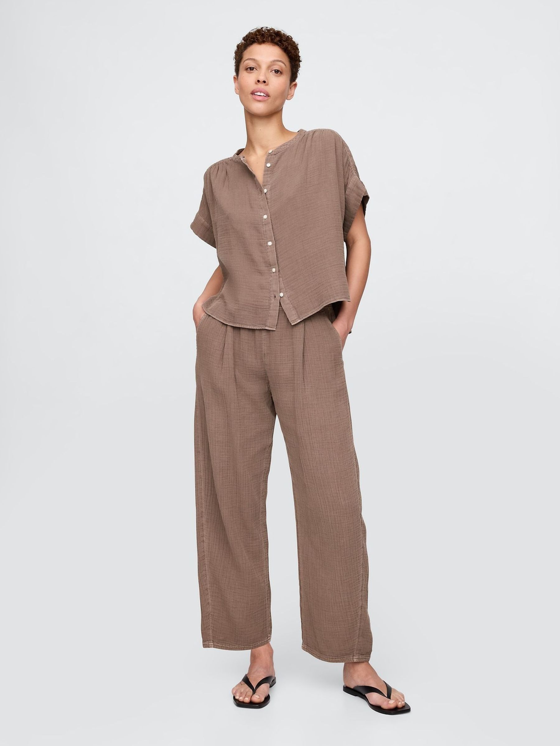 Brown 100% Cotton Crinkle Gauze Easy Barrel Trousers (H13809) | £45