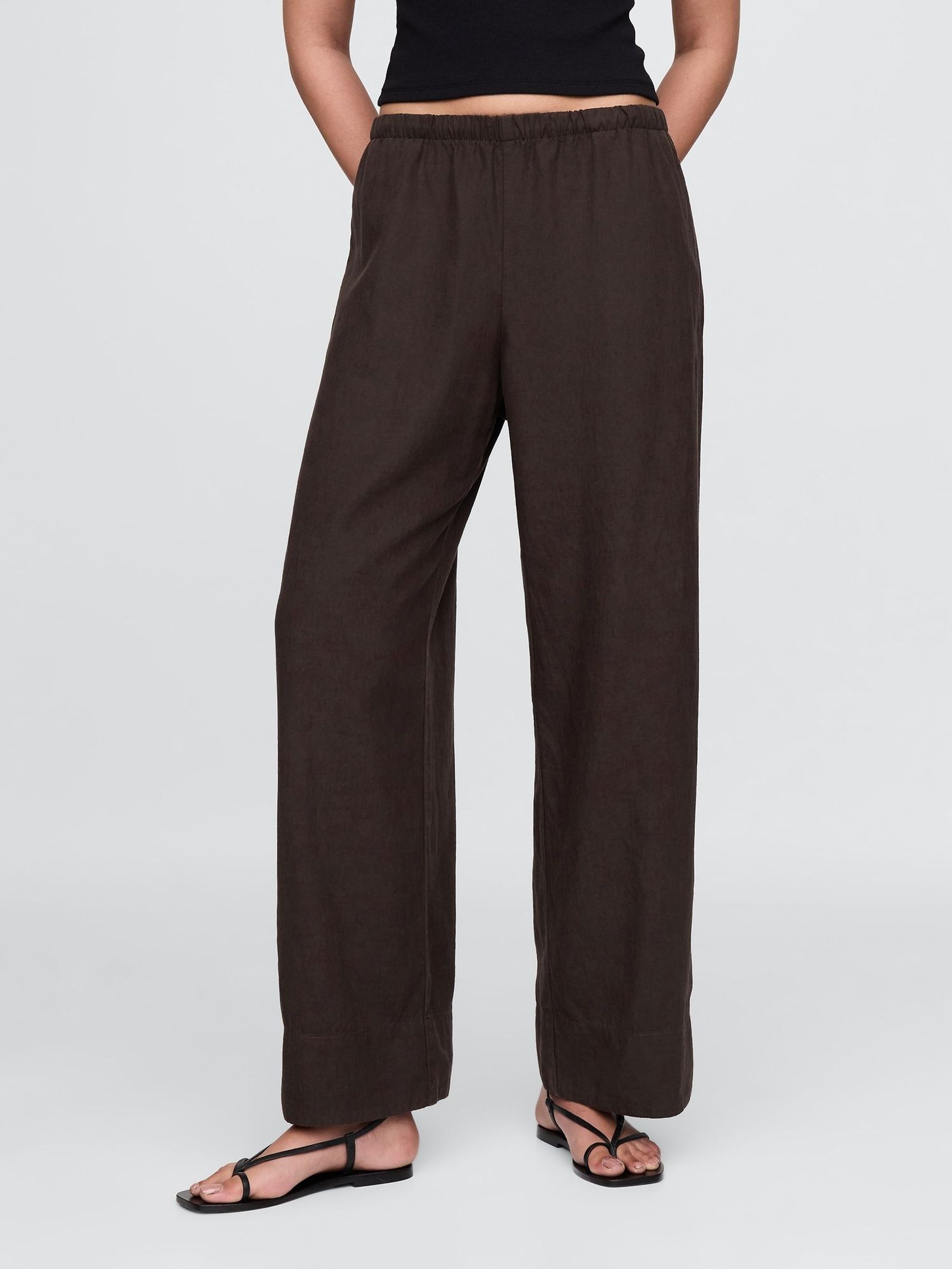 Brown Heavyweight Linen-Blend Easy Wide-Hem Trousers (H13820) | £60
