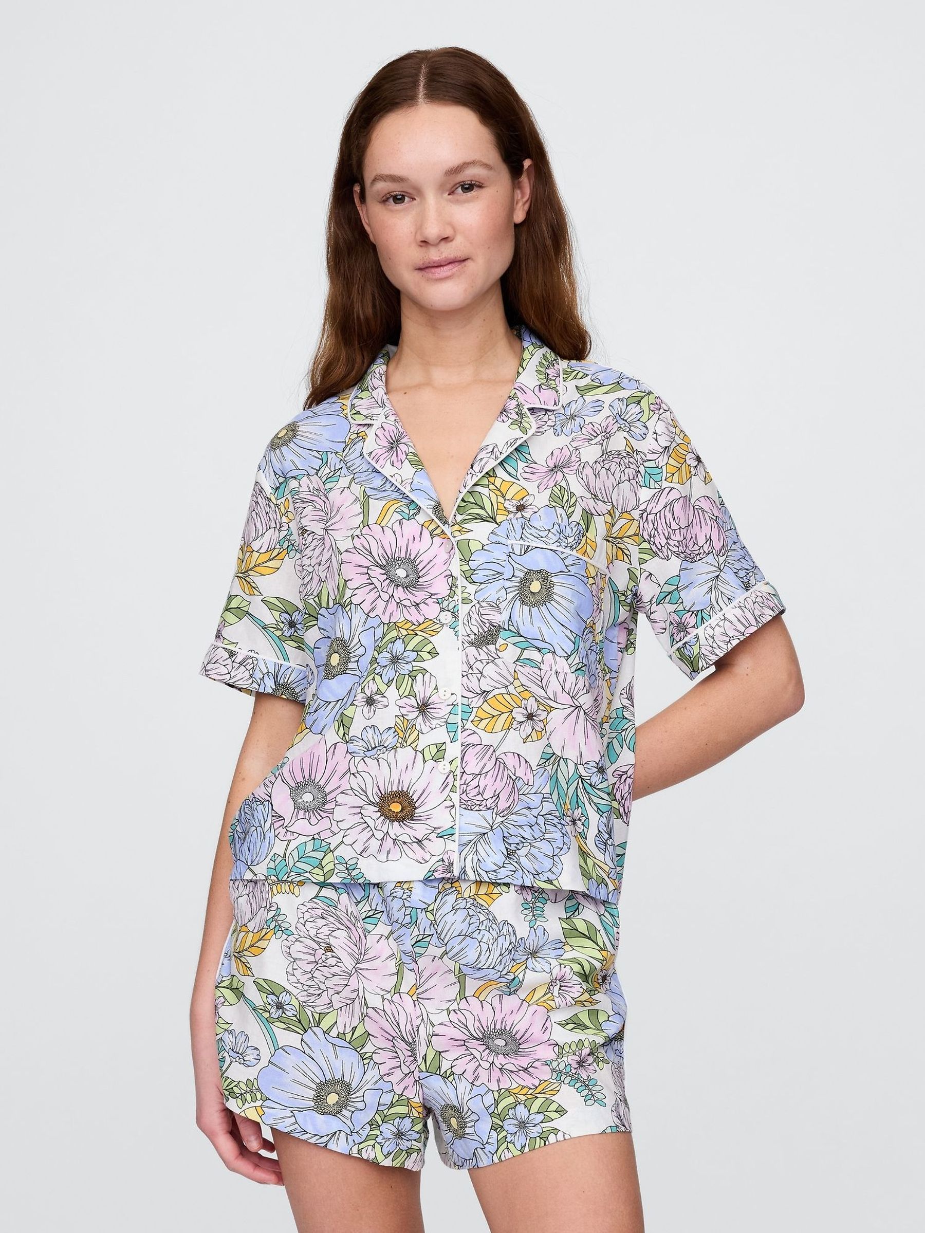 Pink Floral Linen-Blend Short Sleeve Pyjama Shirt (H13833) | £35