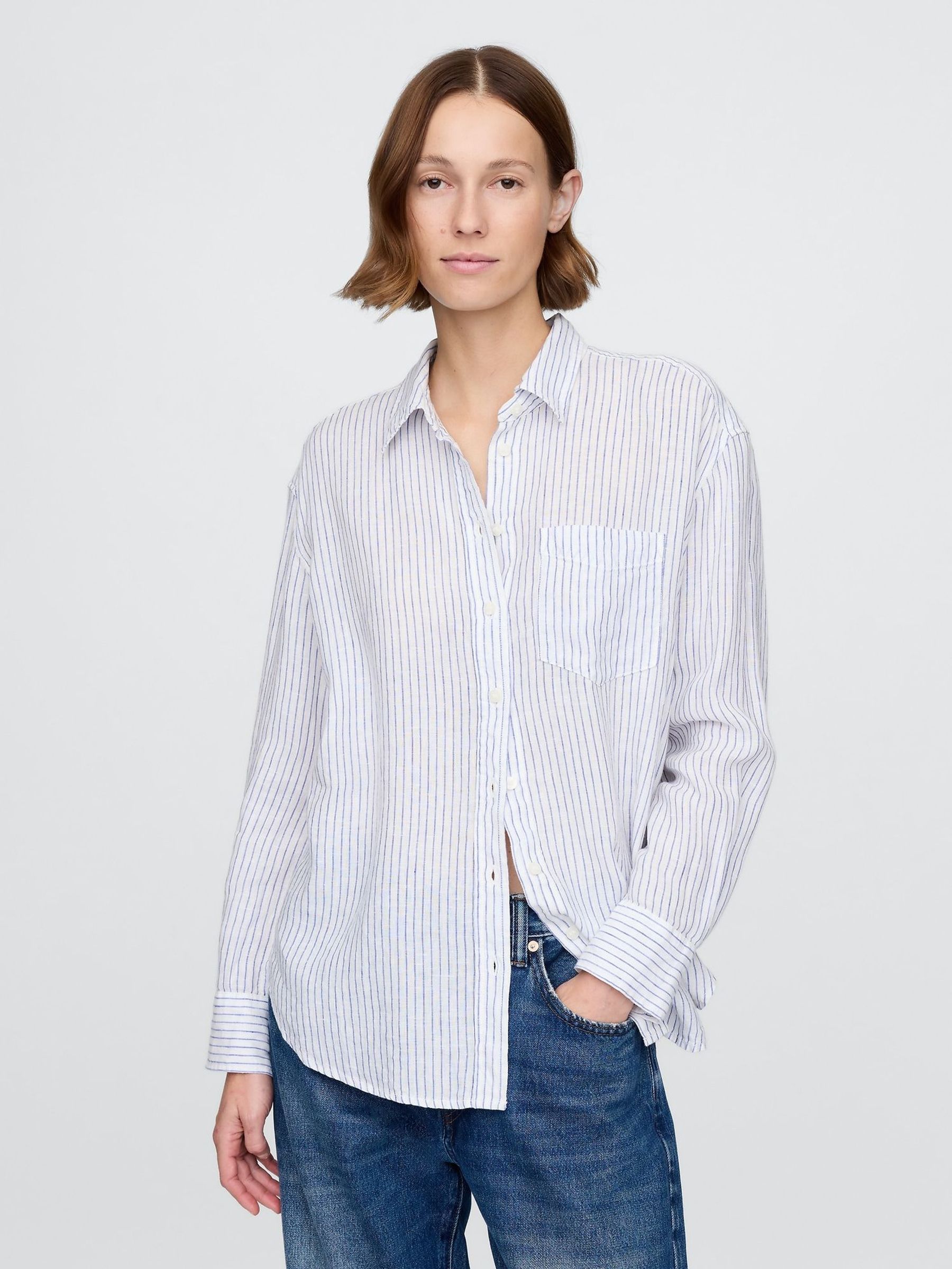 Blue Pinstripe 100% Linen Oversized Shirt (H13834) | £85