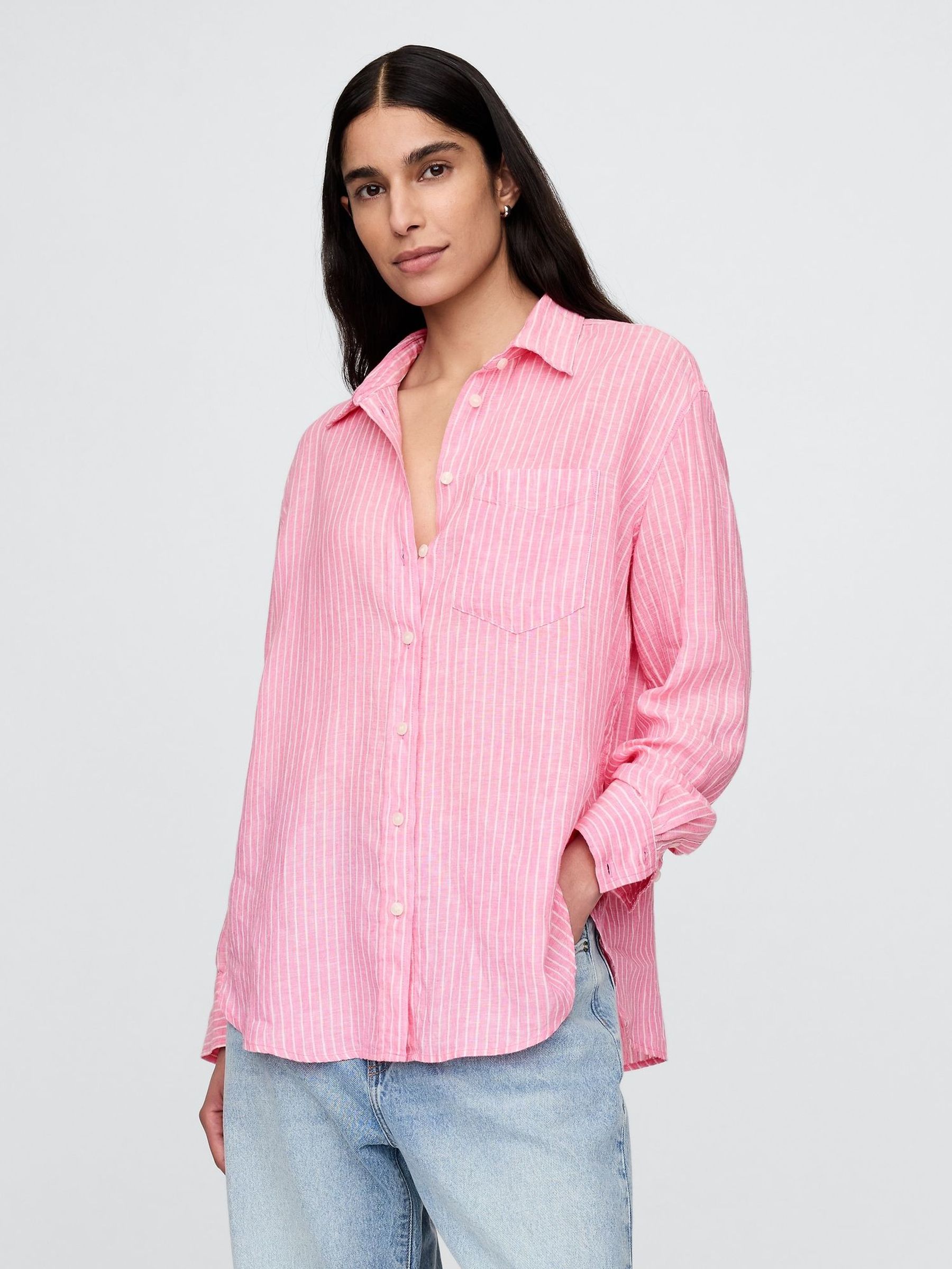 Pink Pinstripe 100% Linen Button Down Long Sleeve Oversized Shirt (H13839) | £85