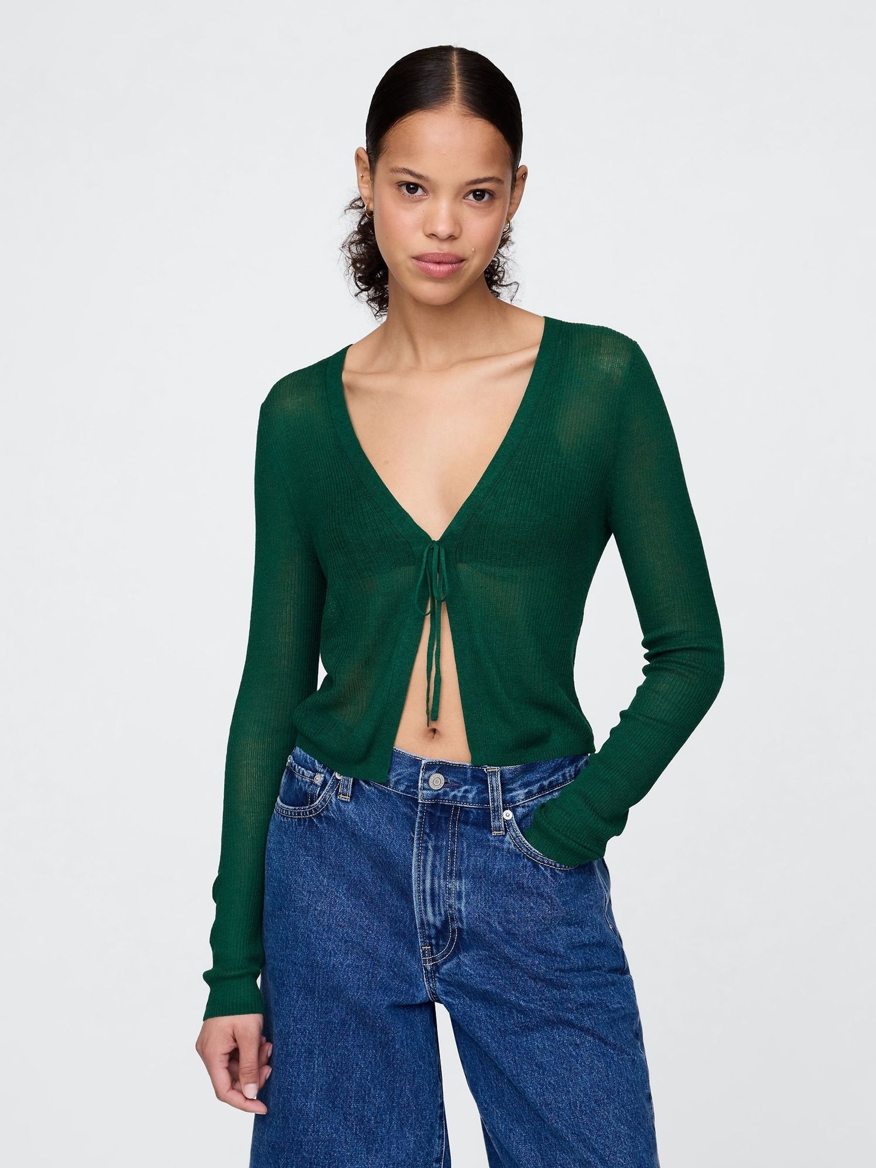 Green Sheer Rib Cropped Tie-Front Cardigan (H13852) | £40