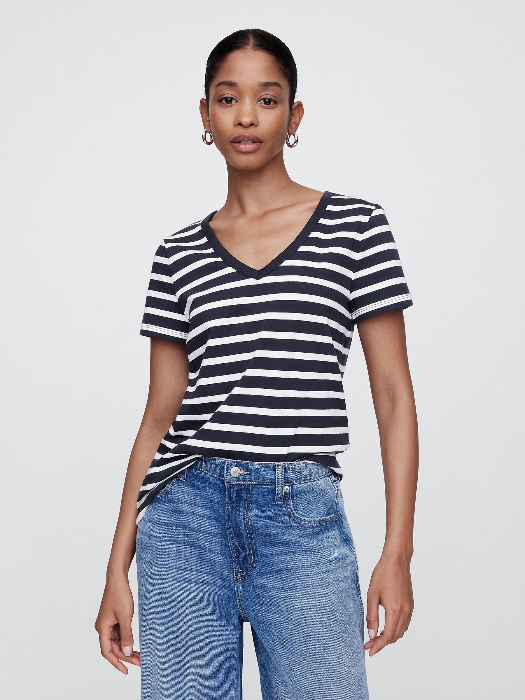 Navy Blue Stripe Favourite V-Neck T-Shirt (H13855) | £16