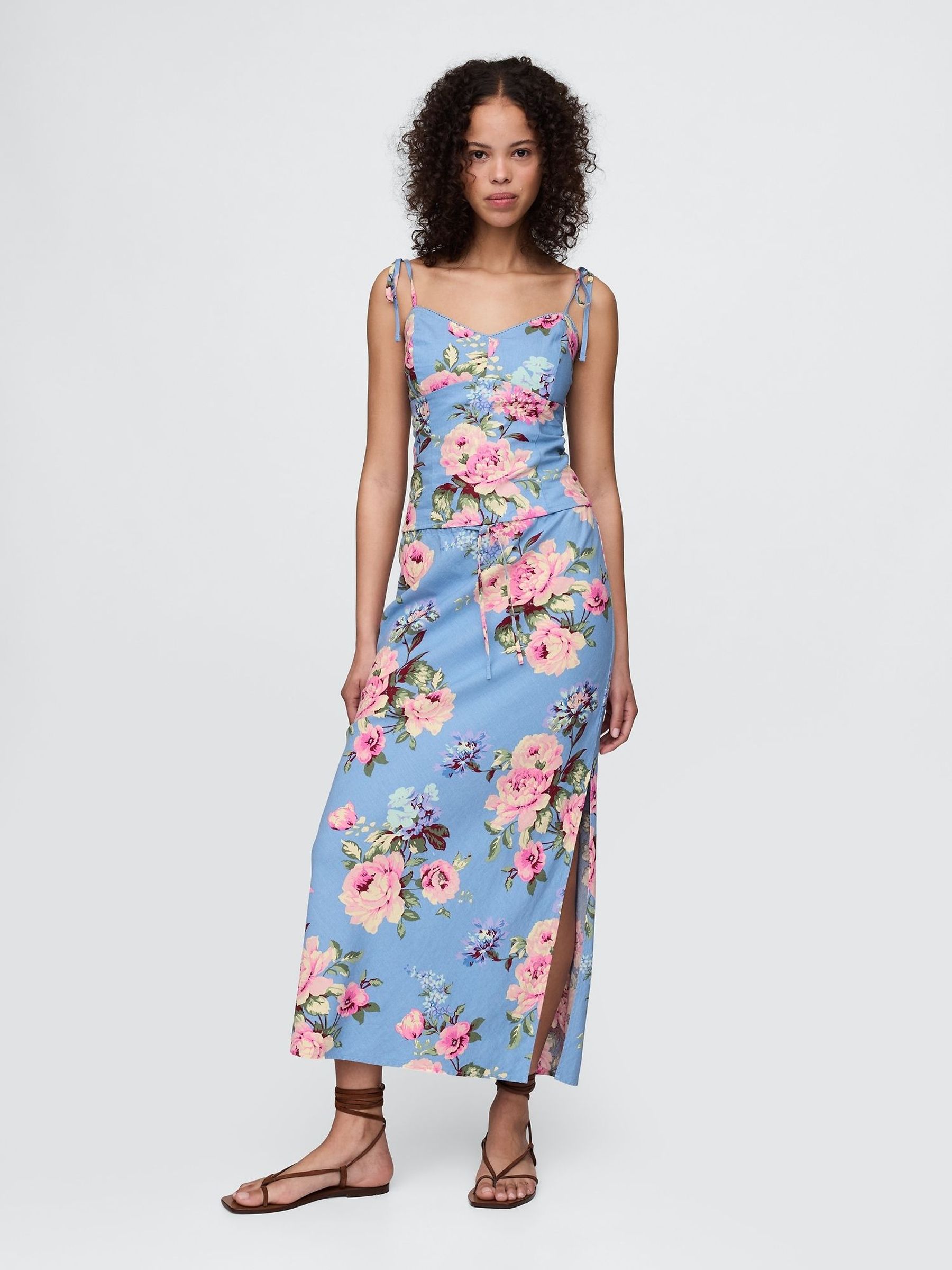 Blue Floral Linen-Blend Midi Skirt (H13856) | £60