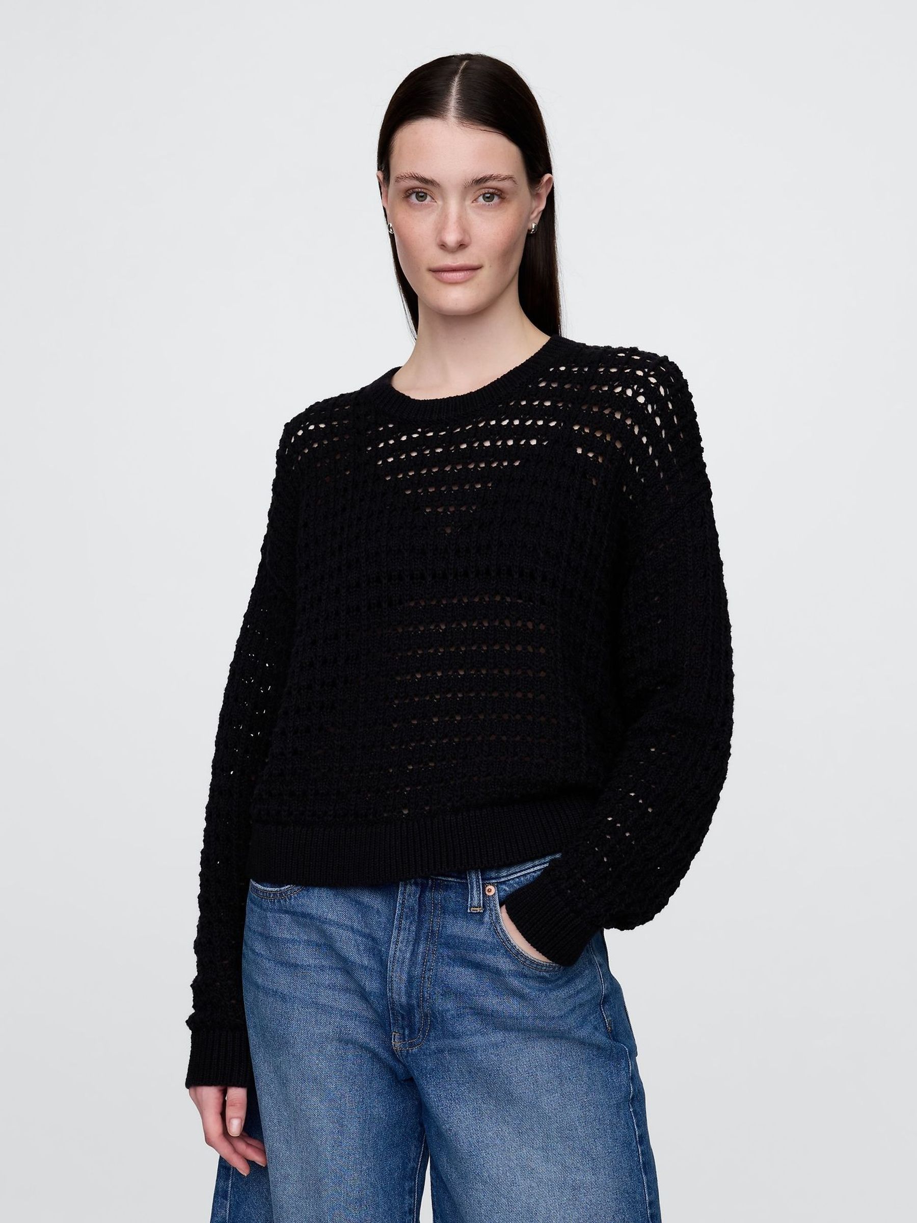 Black 100% Cotton Oversized Crochet Crew Neck Jumper (H13868) | £45