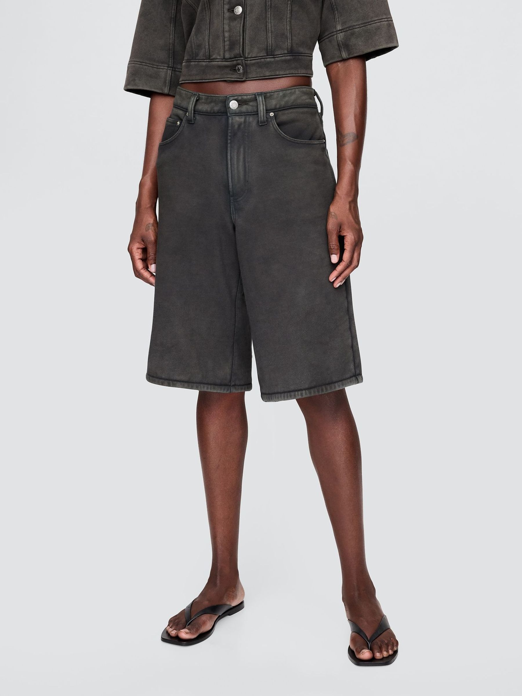 Black 11" Mid Waisted French Terry Denim Longline Shorts (H13871) | £50