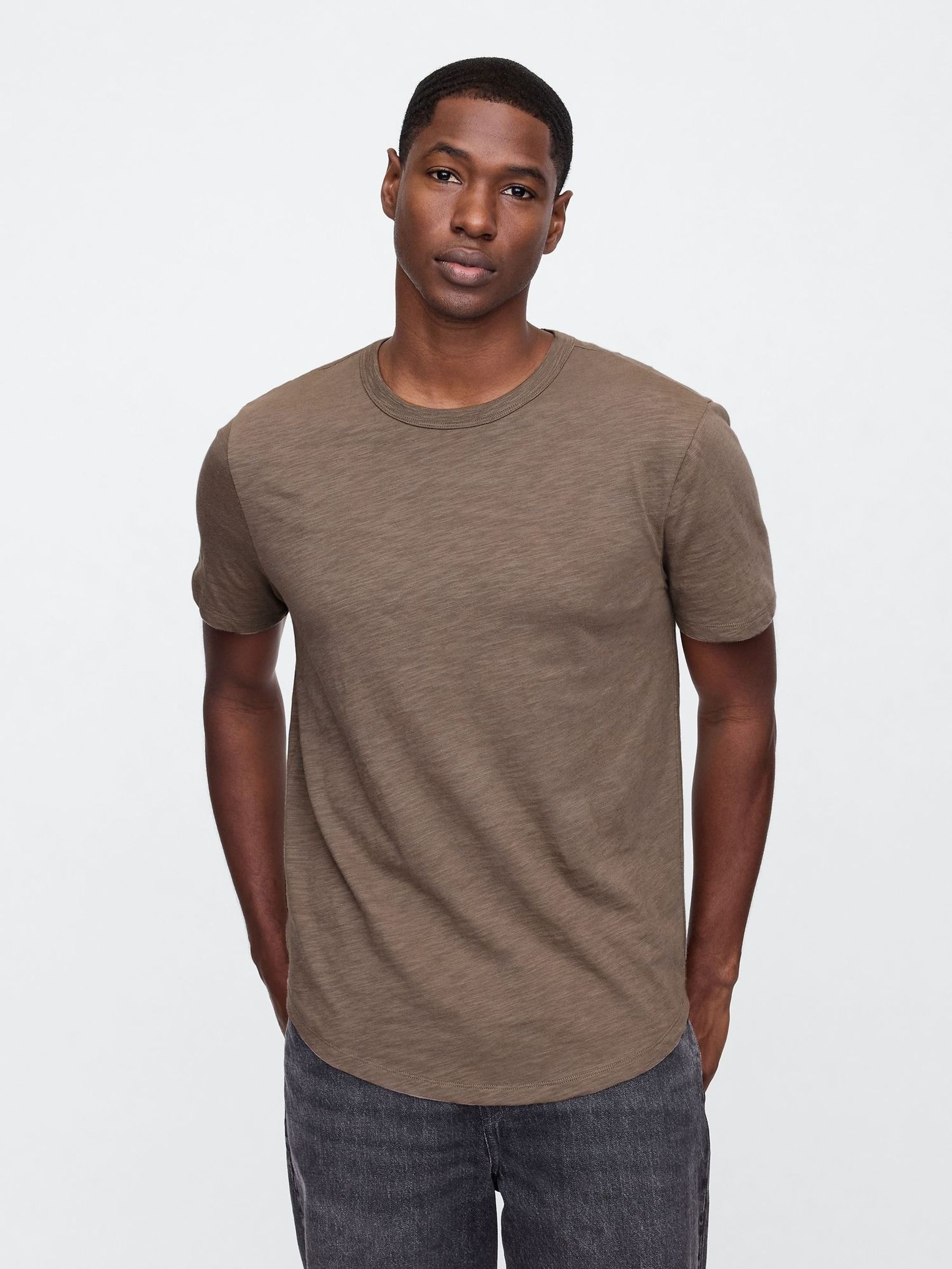 Brown Slub Curved Hem Short Sleeve T-Shirt (H14004) | £12