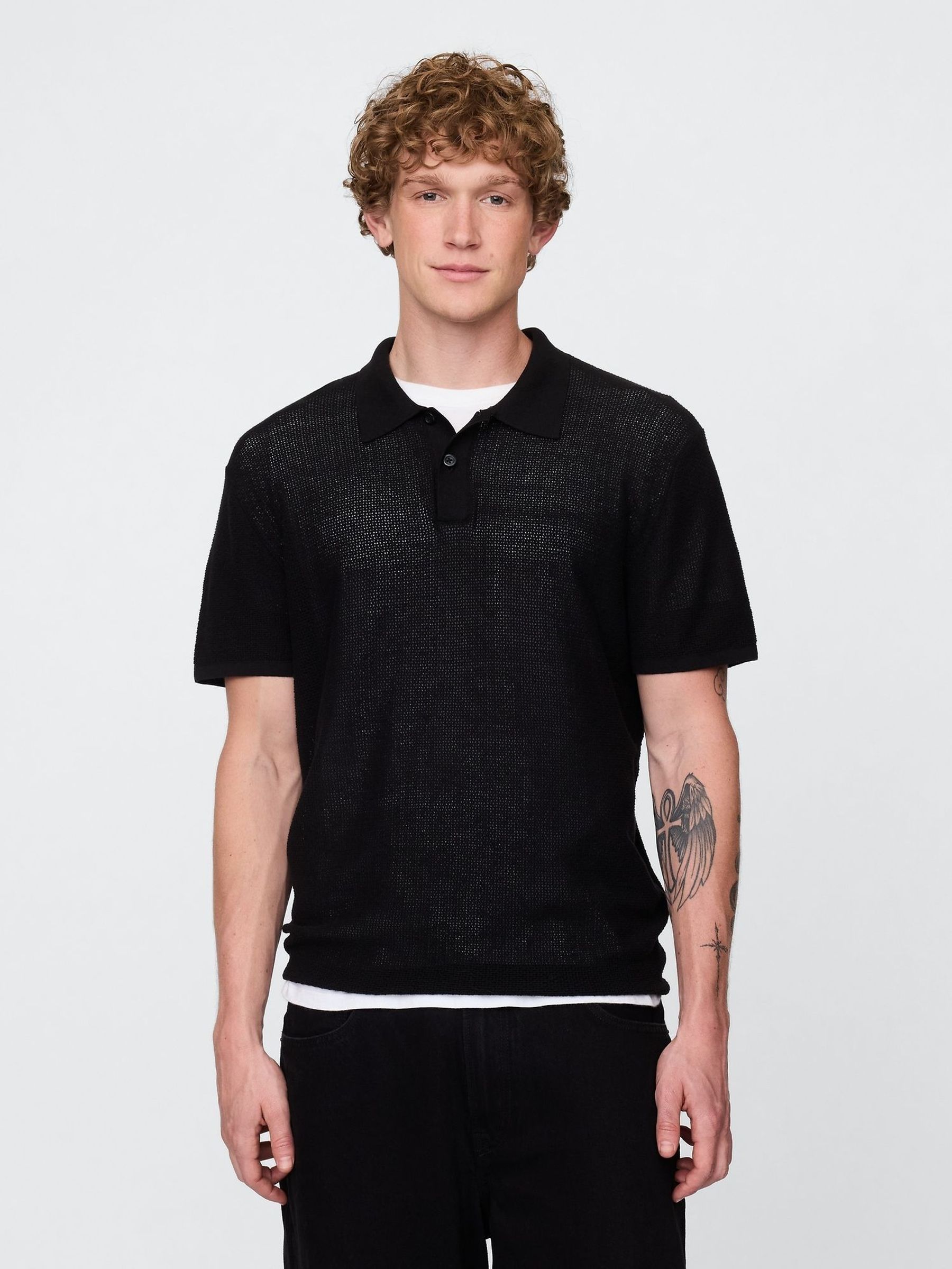 Black Textured Crochet Short Sleeve Polo Shirt (H14008) | £35