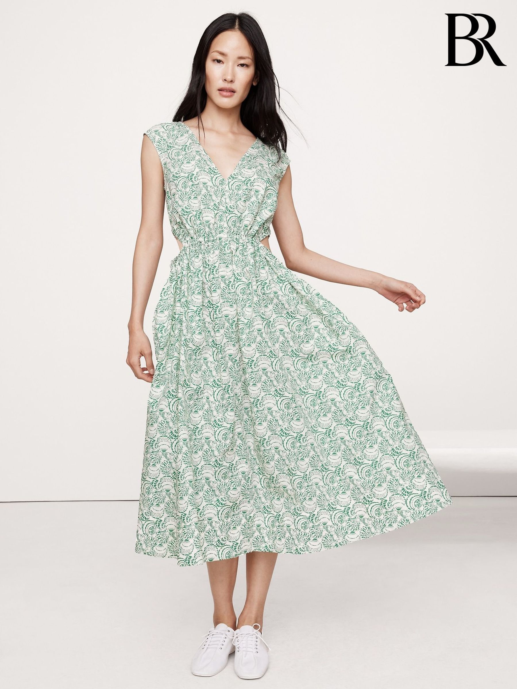 Banana Republic Green Cotton Poplin Side Cut-Out Midi Dress (H14090) | £125