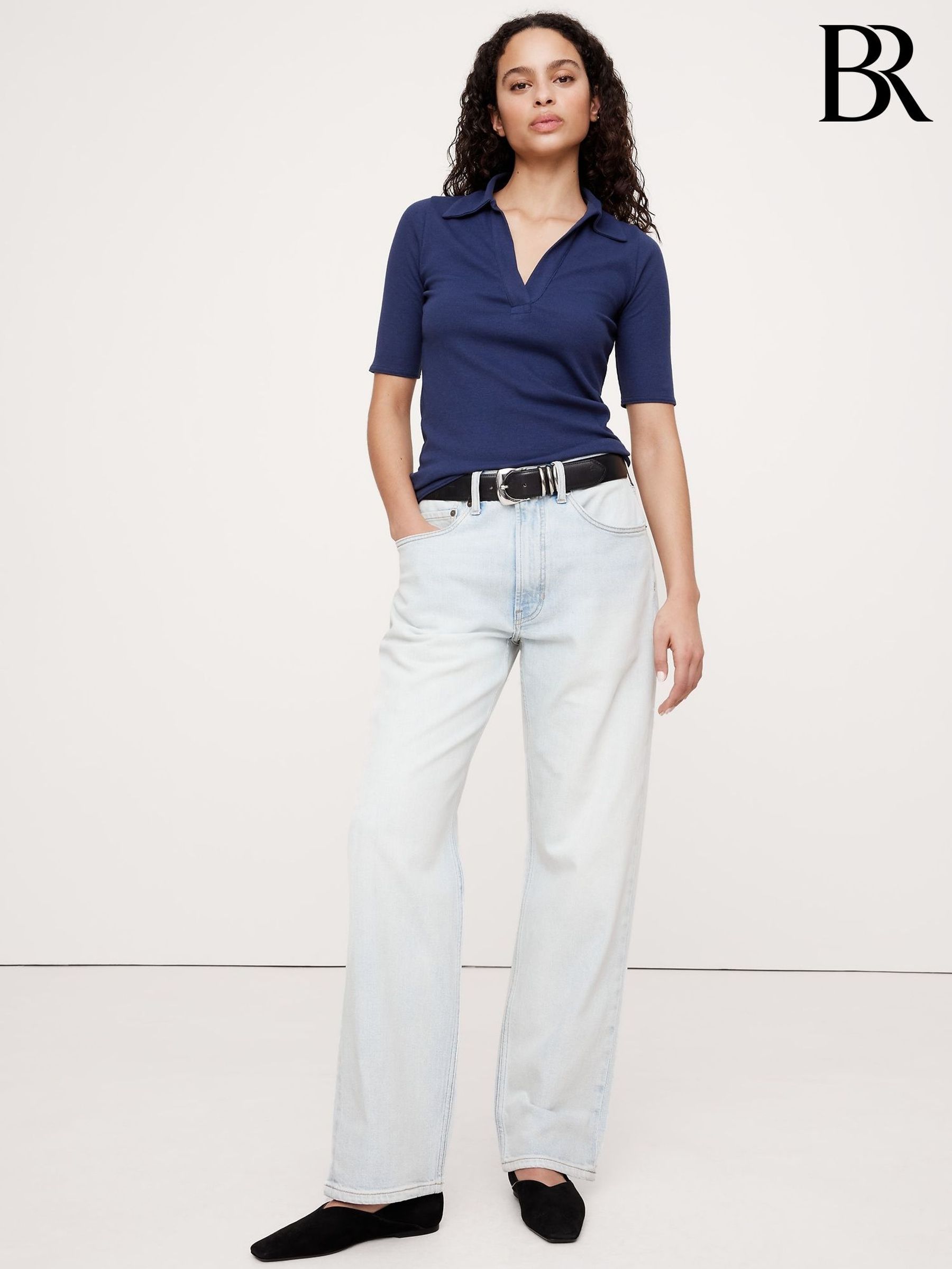 Banana Republic Navy Blue Ribbed Elbow-Sleeve Polo Shirt (H14091) | £40
