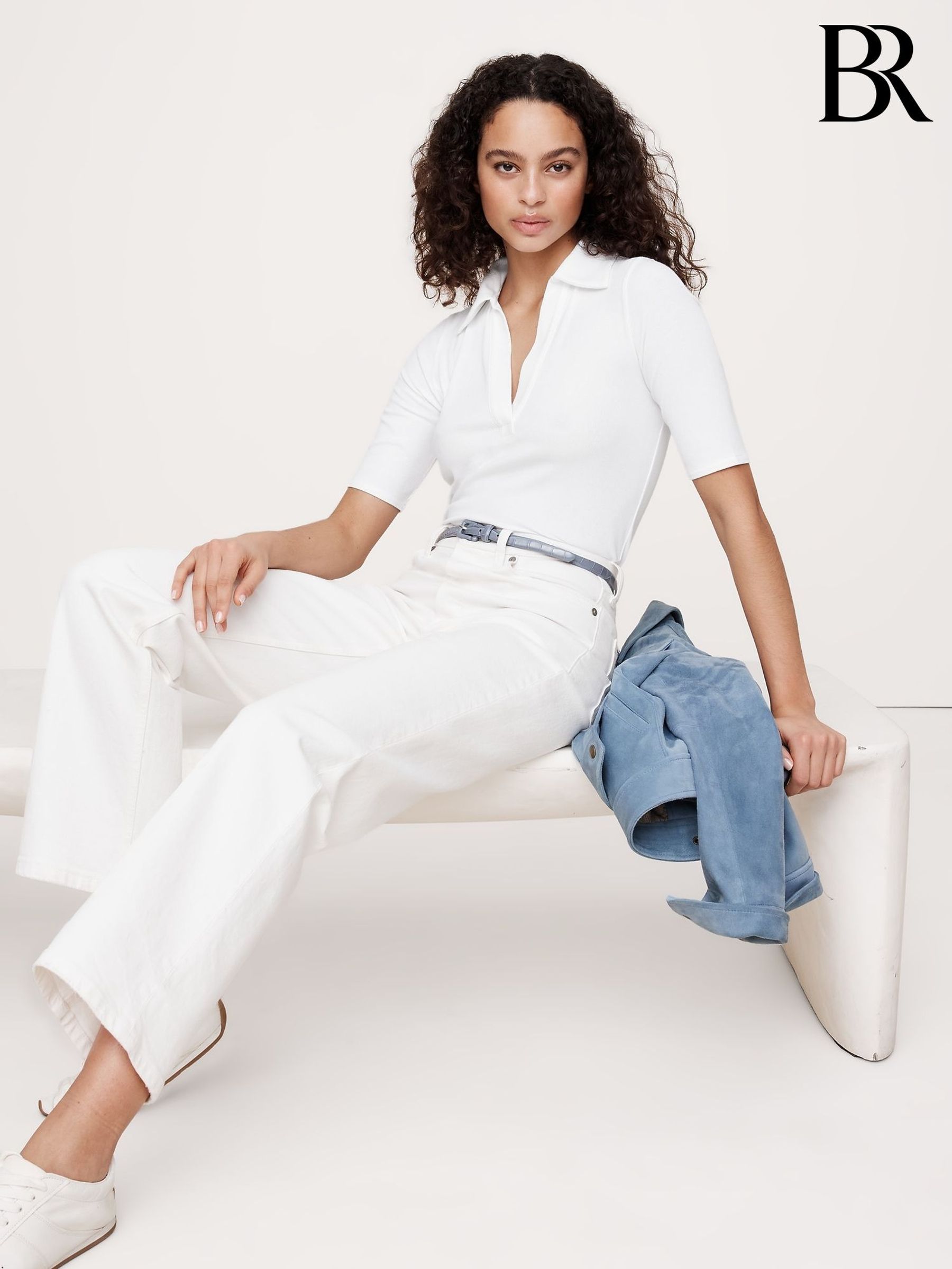 Banana Republic White Ribbed Elbow-Sleeve Polo Shirt (H14093) | £40