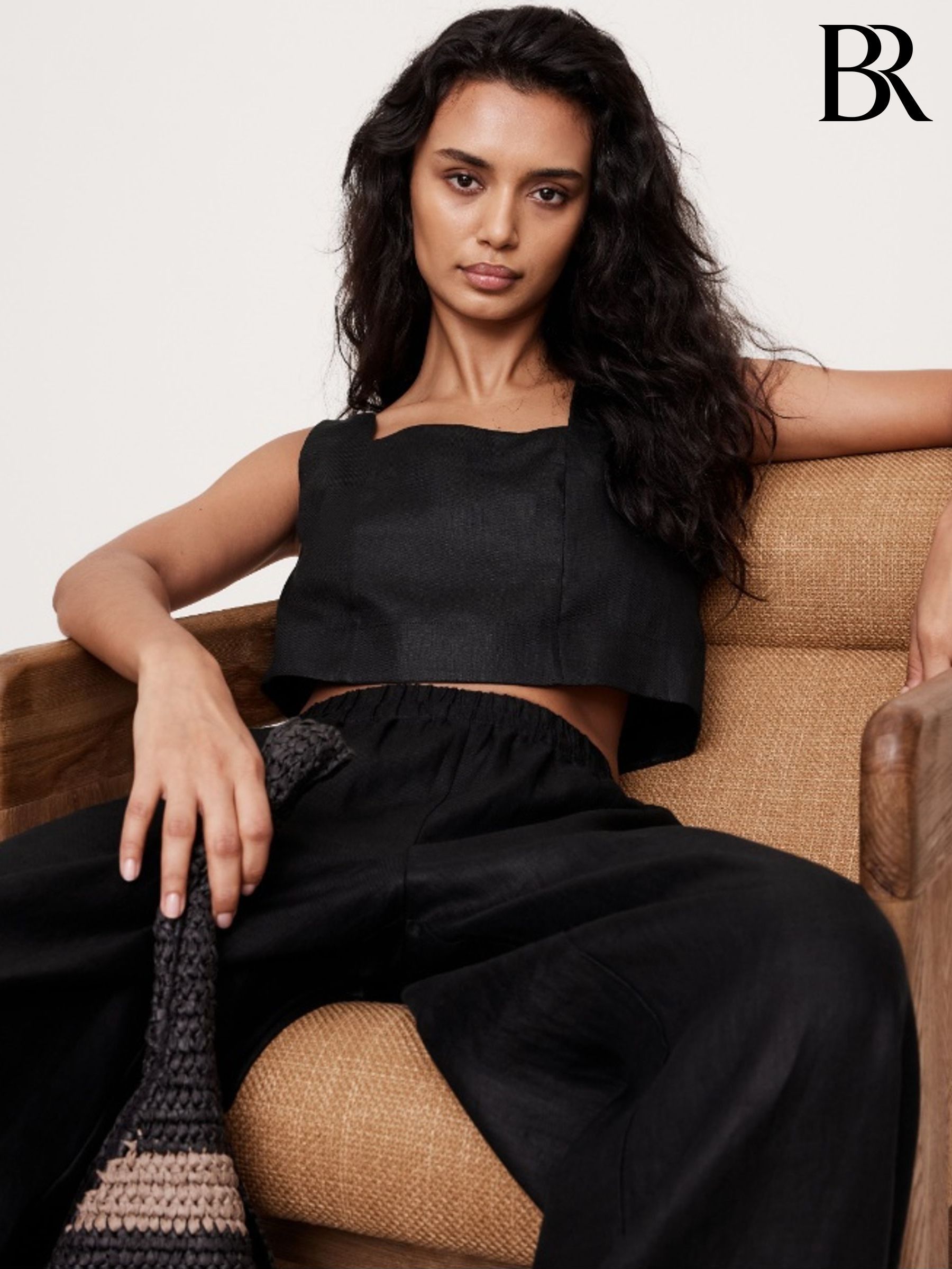 Banana Republic Black Linen Square-Neck Cropped Tank Top (H14096) | £60