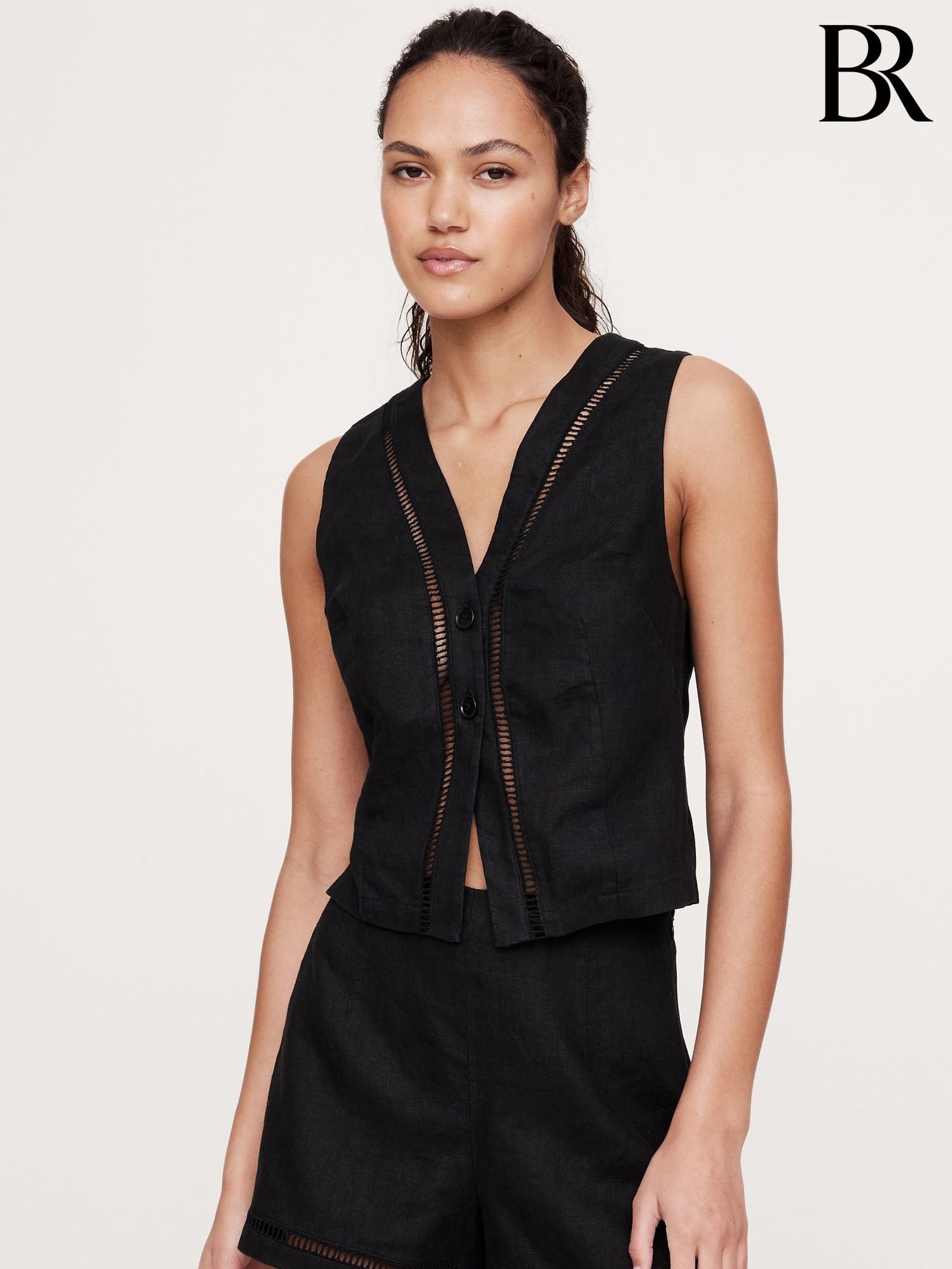 Banana Republic Black Linen Lace-Trim Vest Top (H14107) | £85