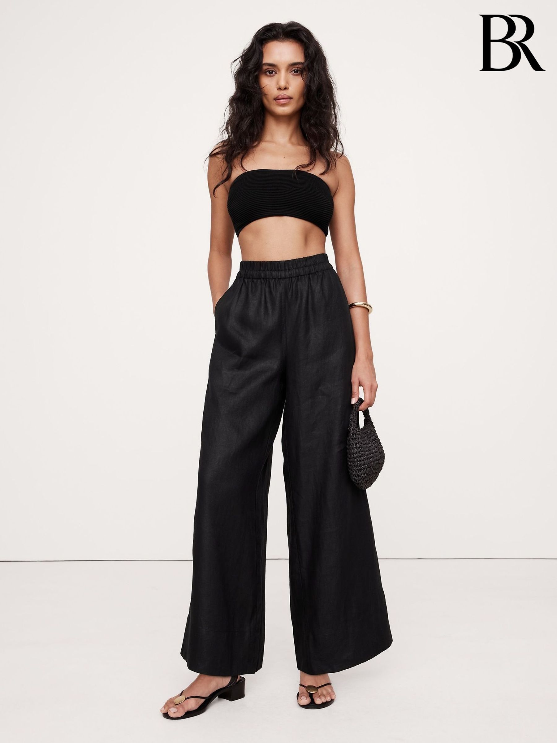 Banana Republic Black Wide-Leg Pull On Linen Ankle Trousers (H14112) | £125