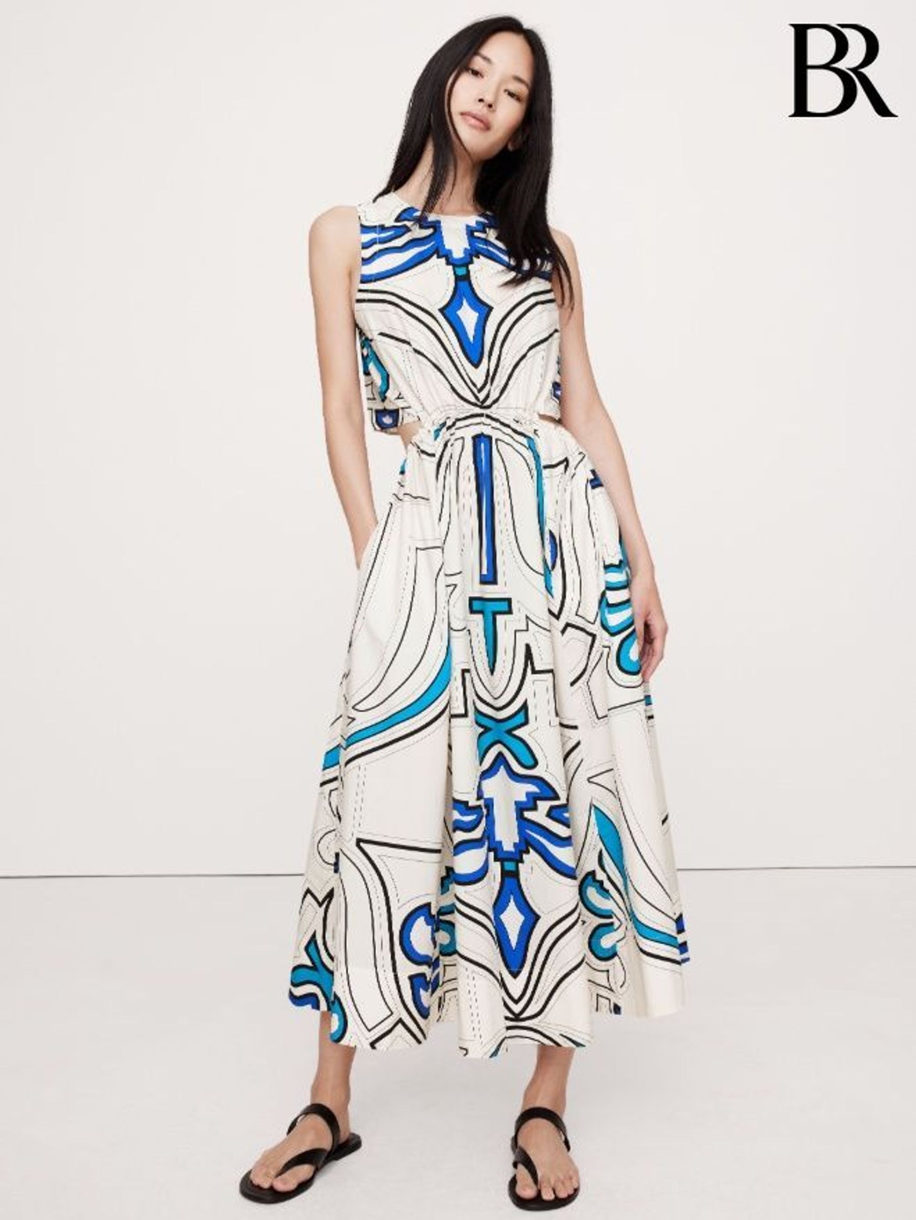 Banana Republic Cream/Blue Print Cotton Poplin Cut-Out Midi Dress (H14114) | £125