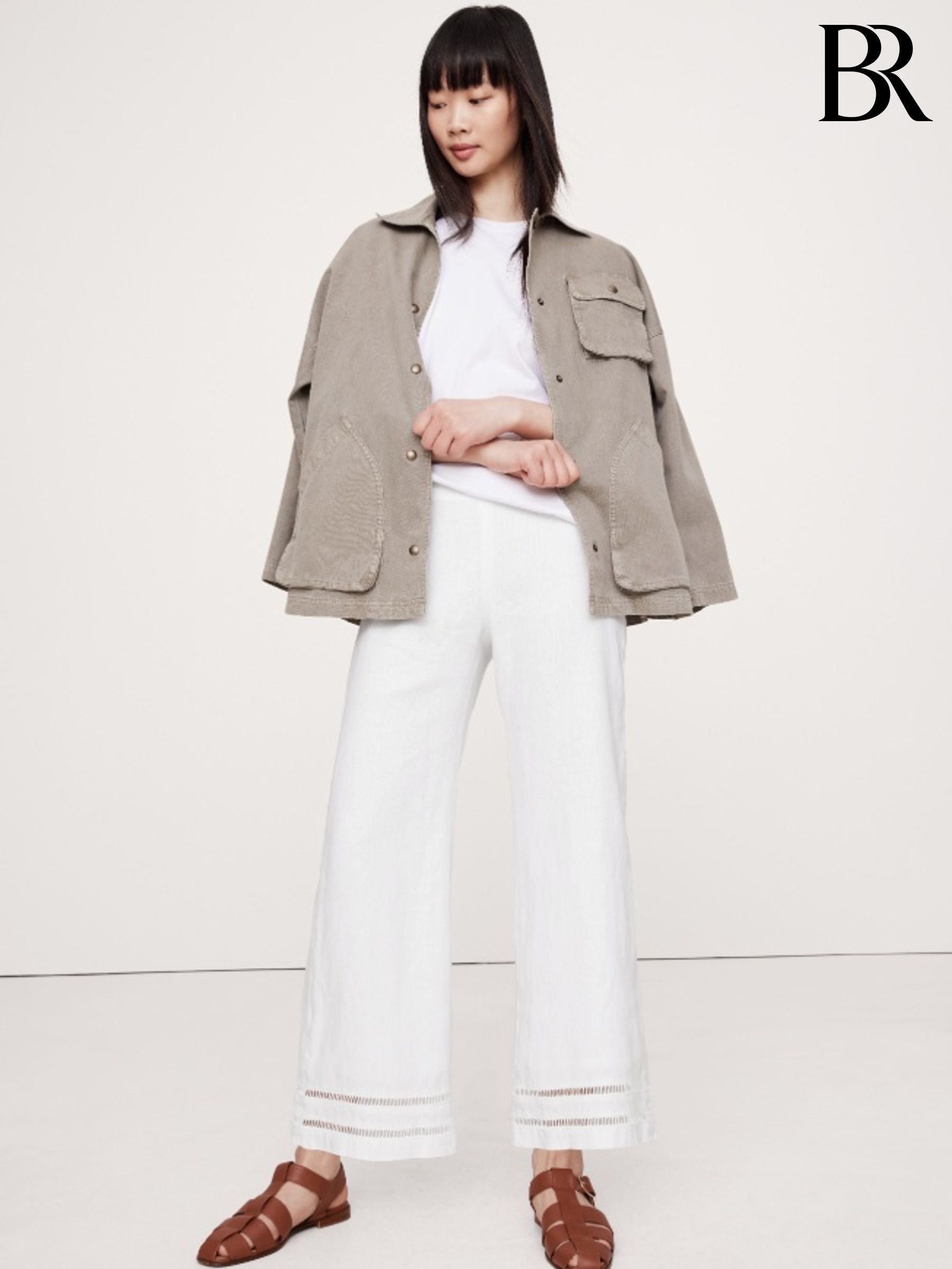 Banana Republic White Mid-Rise Kick-Flare Lace-Trim Linen Ankle Trousers (H14117) | £95