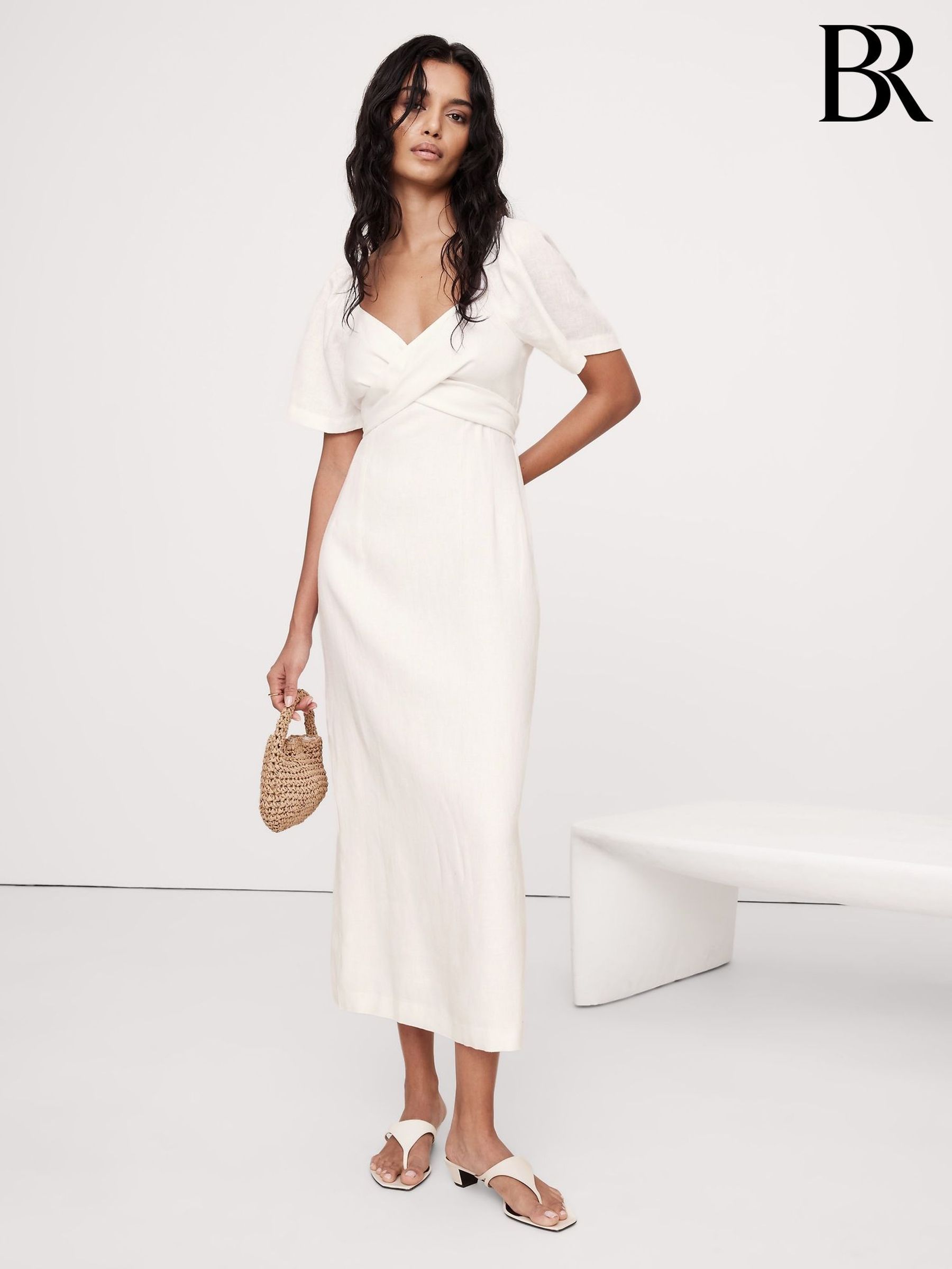 Banana Republic White Linen Sweetheart Long Midi Dress (H14119) | £185
